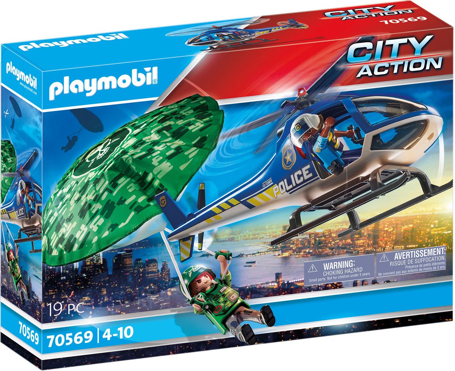 Playmobil® Konstruktions-Spielset Polizei-Hubschrauber: Fallschirm-Verfolgung (70569), City Action, (19 St), Made in Germany