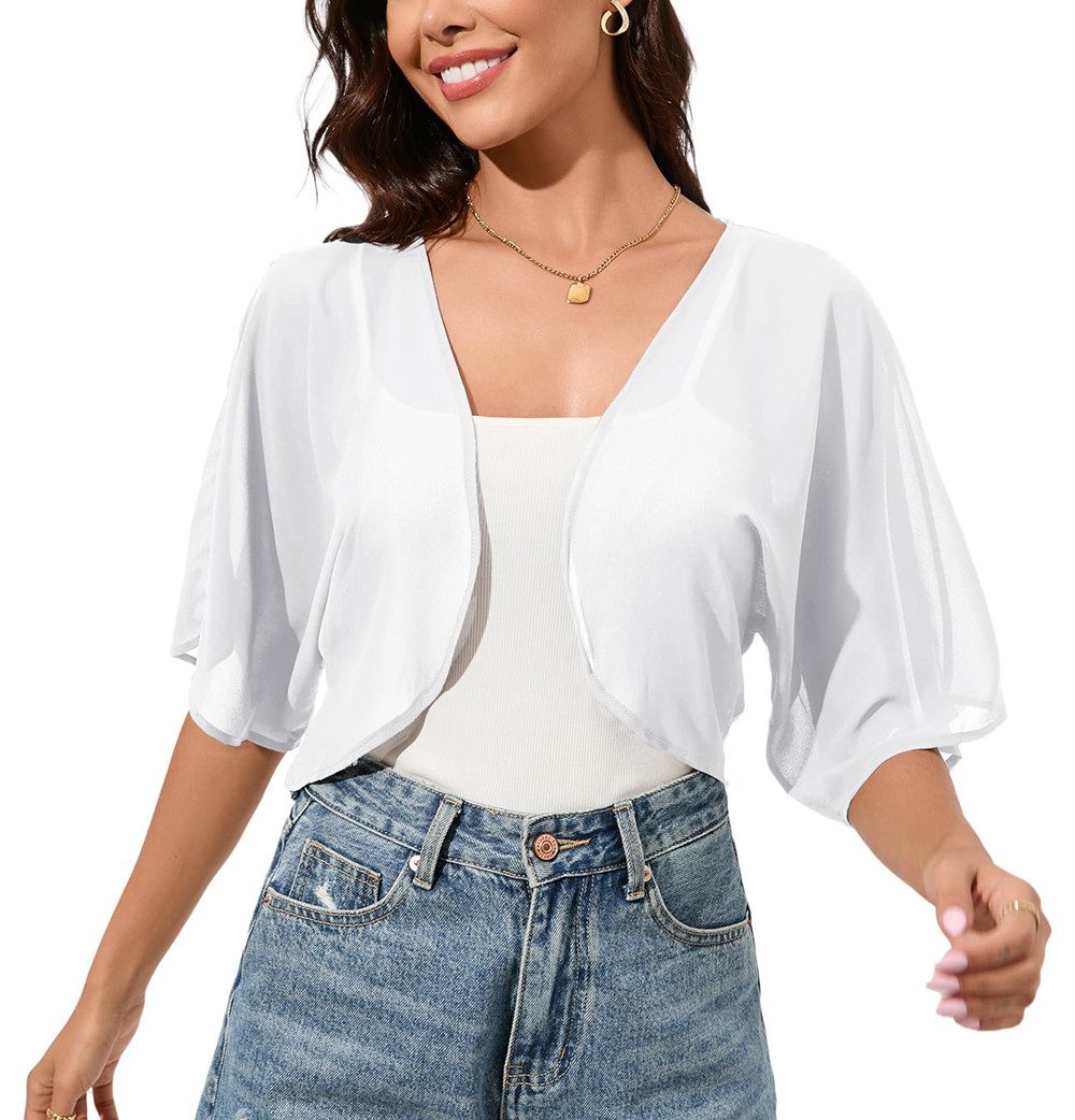 Zaewry Bolero Damen-Bolero aus Chiffon,Fließend,zart,luftig,3/4-Arm, Chiffon Coverup für festliche Anlässe und Hochzeiten,Bolero-Jacke für den Sommer