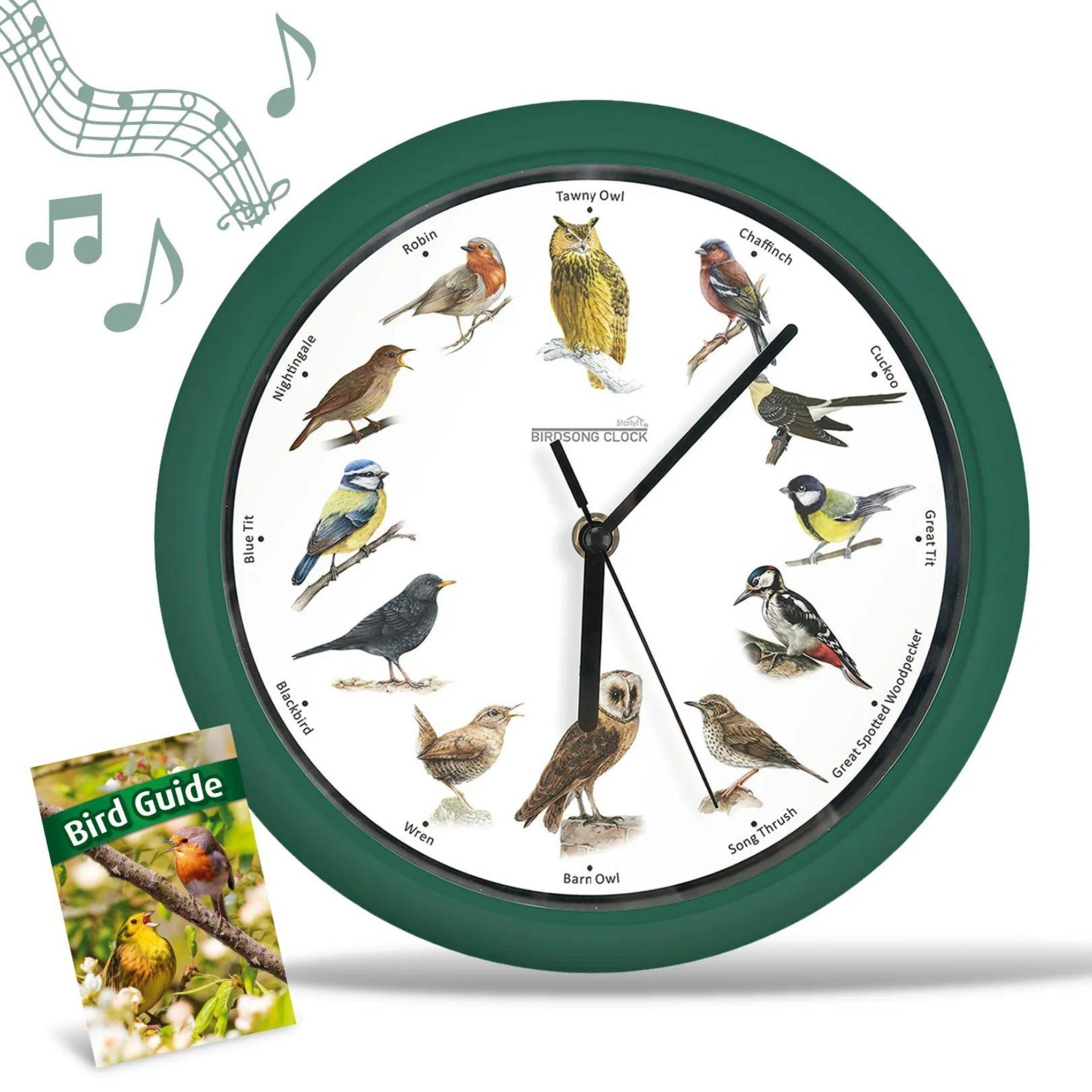 Starlyf Wanduhr Birdsong Clock (Uhr mit natürlichen Vogelstimmen, 25x25cm, batteriebetrieben, grün)