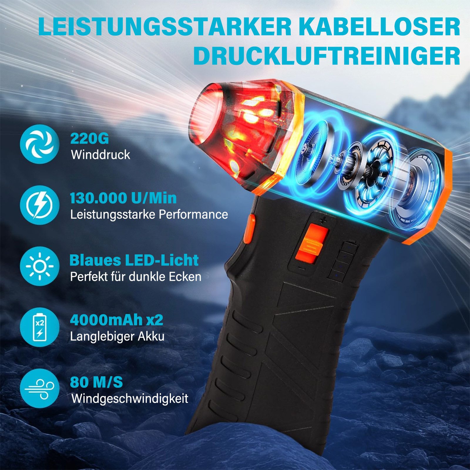 MOPUEA Handstaubsauger Electric Handstaubsauger 130000 U/min, Air Duster mit LED Licht, 130000 U/min, 220g Luftdruck, LED-Licht, Akku, kompakt