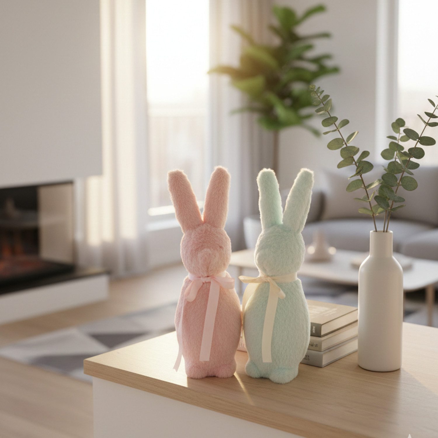 Macosa Home Osterhase mit Schleife 41cm Fell Rosa, Mint, Weiß od. Braun (Dekofigur Ostern Dekoration Tischdeko, Osterdekoration Figur Dekohase), Kunststoff Dekohase Hase Skulptur Oster-Deko