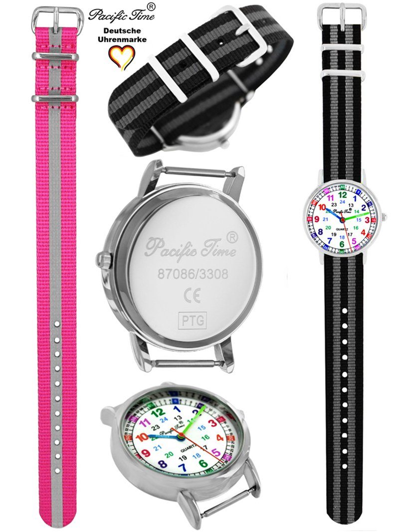 und Gratis Reflektor Kinder schwarz Design Match Set Lernuhr Pacific - Time Wechselarmband, Mix pink Versand Quarzuhr grau Armbanduhr gestreift und