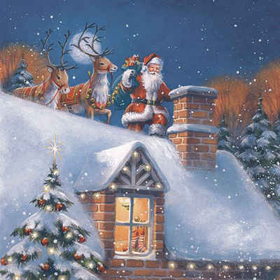 Linoows Papierserviette 20 Servietten Weihnachten, Weihnachtsmann auf dem Dach, (Packung), Motiv Weihnachten, Weihnachtsmann auf dem Dach