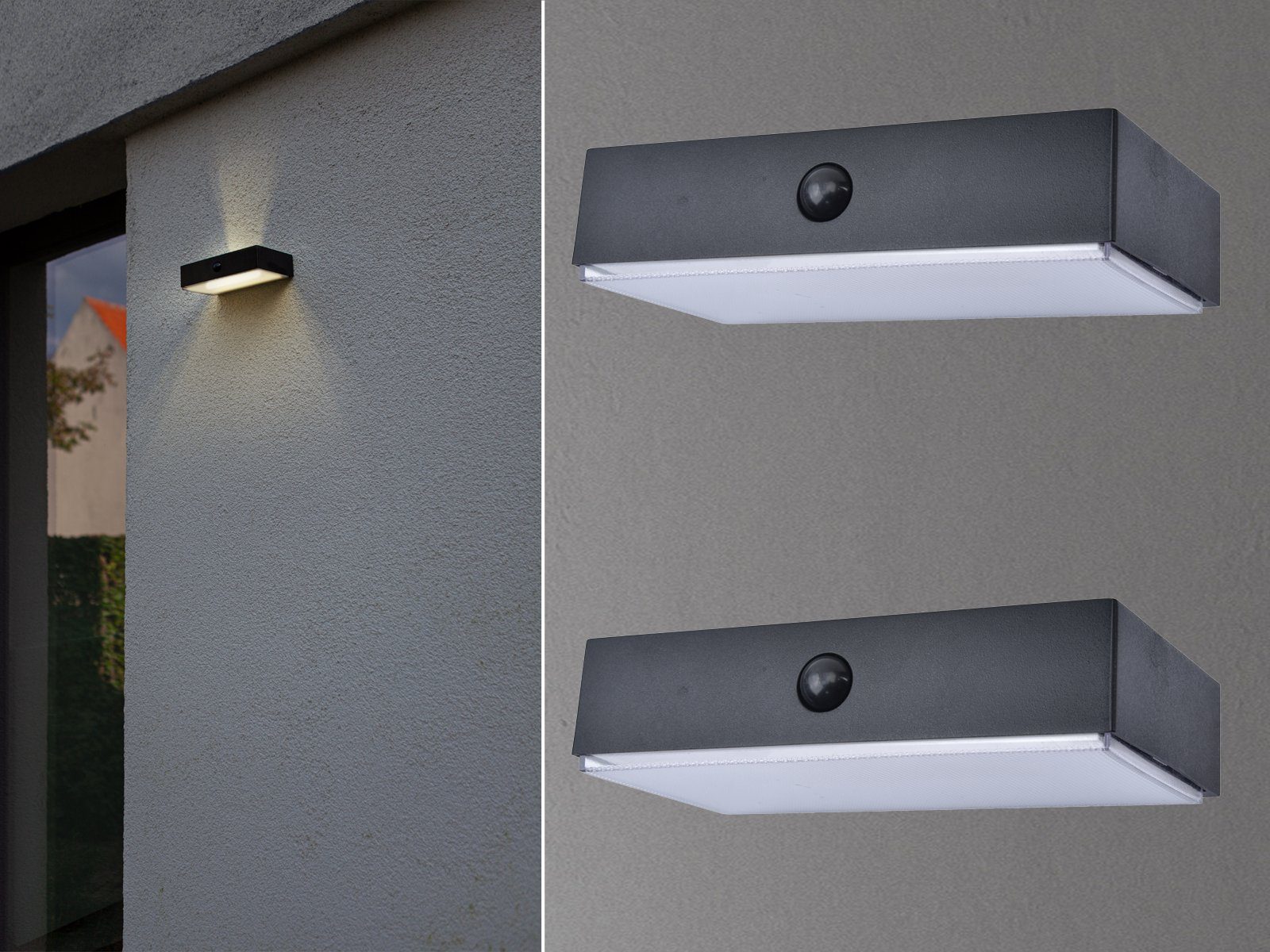 meineWunschleuchte LED Solarleuchte, Bewegungsmelder, LED fest integriert, Warmweiß - Tageslichtweiß, 2er SET Solarlicht-er mit Bewegungsmelder für Hauswand, Schwarz IP 54