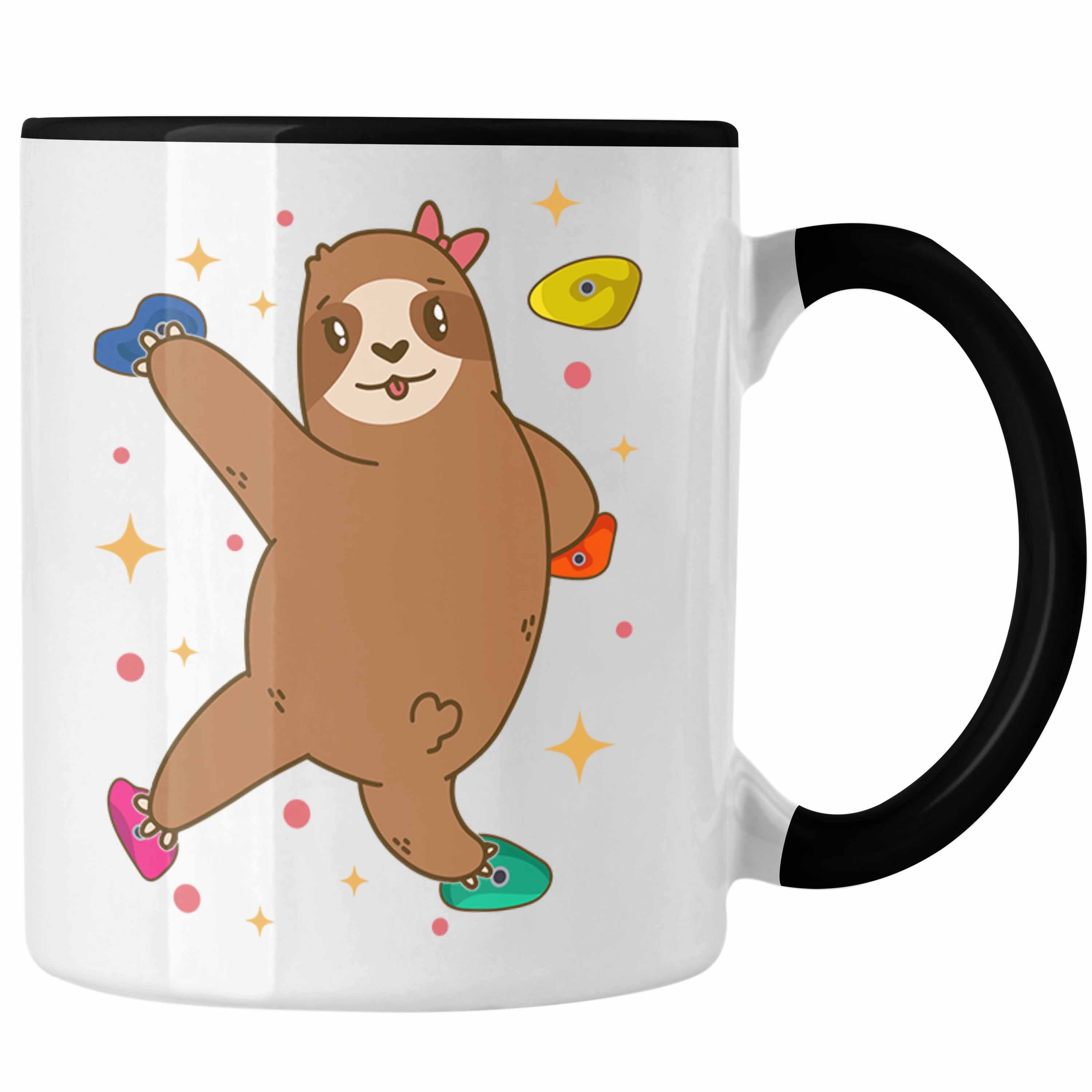 Trendation Tasse Trendation - Klettern Bergsteigen Geschenk Tasse Boulder Geschenkidee Berge Faultier Grafik Kinder Lustig Schwarz