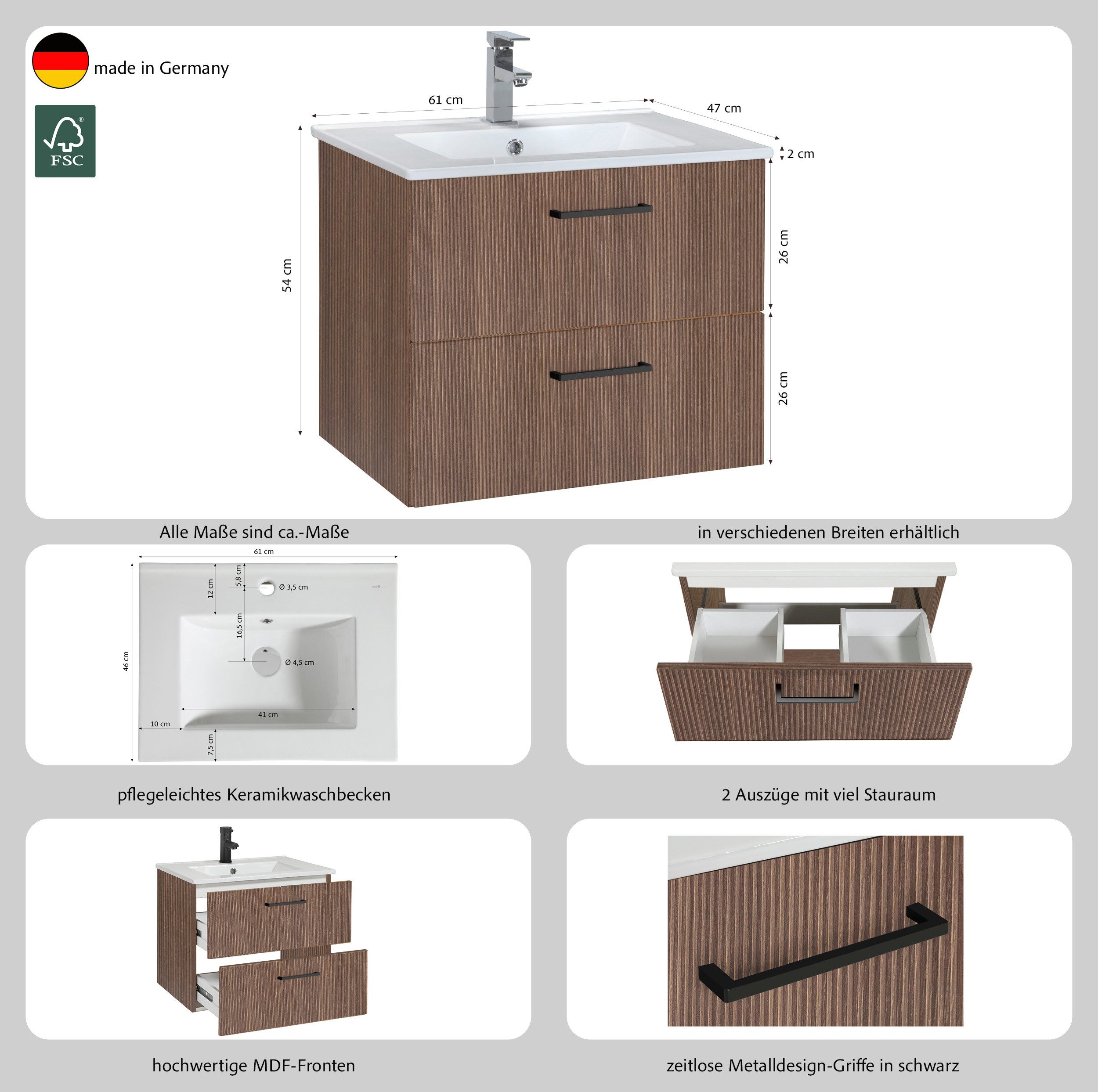 welltime Waschtisch Trento in verschiedenen Ausführungen inkl. Waschbecken, Badmöbel in Breite 60 cm, Badschrank Waschplatz mit 2 Schubladen