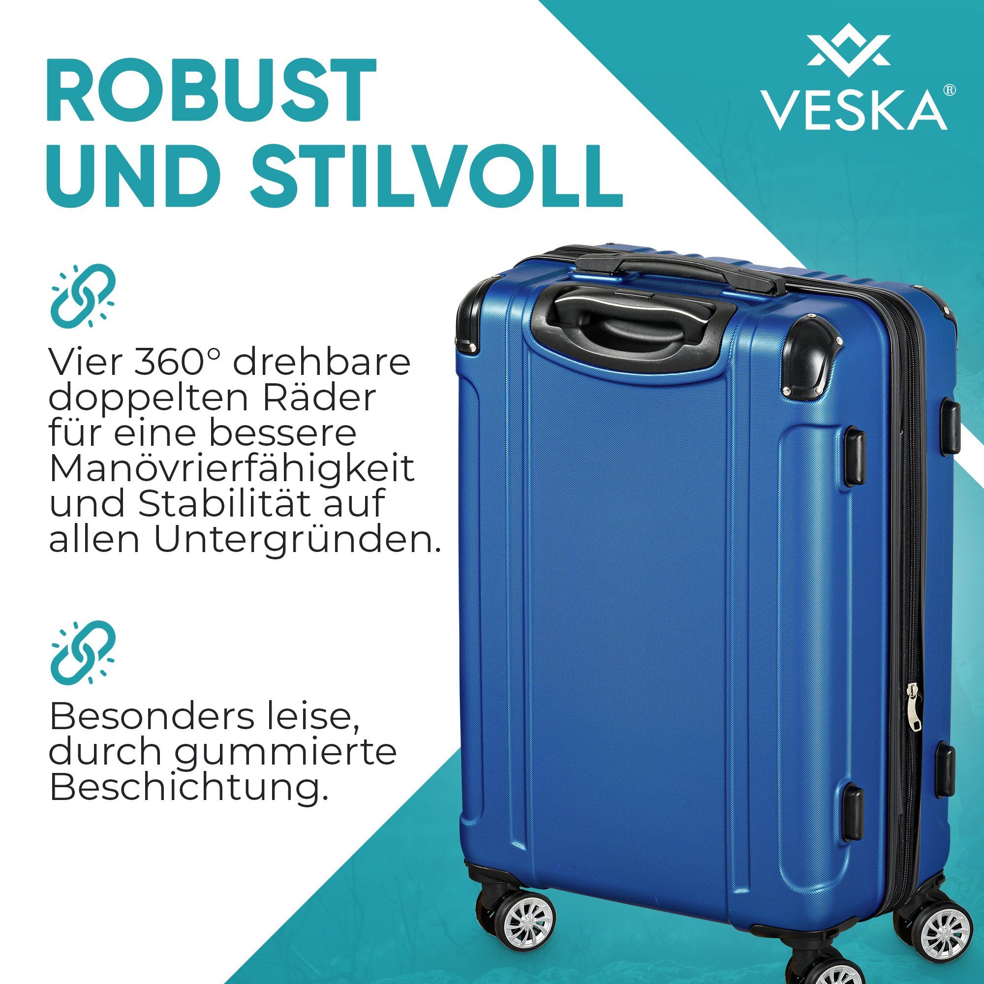 Reisekoffer nebel-blau teilig Kofferset VESKA Hartschalenkoffer Koffer Trolley ABS-Hartschale, Zahlenschloss mit TSA Rollkoffer 3 Trolleyset 4 Rollen,