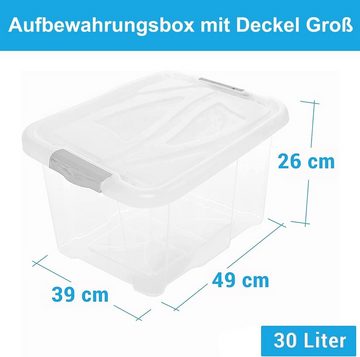 Centi Aufbewahrungsbox 2er Set Aufbewahrungsbox mit Deckel 30 Liter (26 x 49 x 39 cm), Plastikbox mit Clip-Deckeln Stapelbar Transparent
