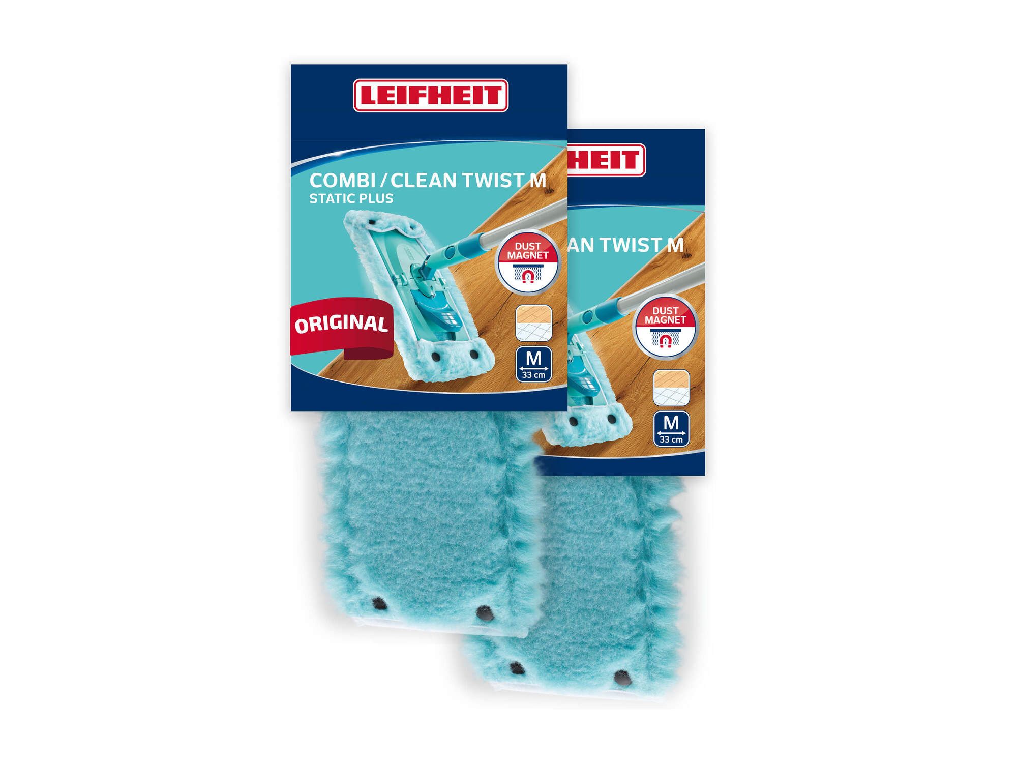 Leifheit Wischbezug CLEAN TWIST M / Combi M static plus 2er Set Wischbezug (Kunstfaser, 14.0x43.0 cm, 2-tlg., Waschbar bei 40°C, Wischbreite 33cm, für alle glatten Böden)