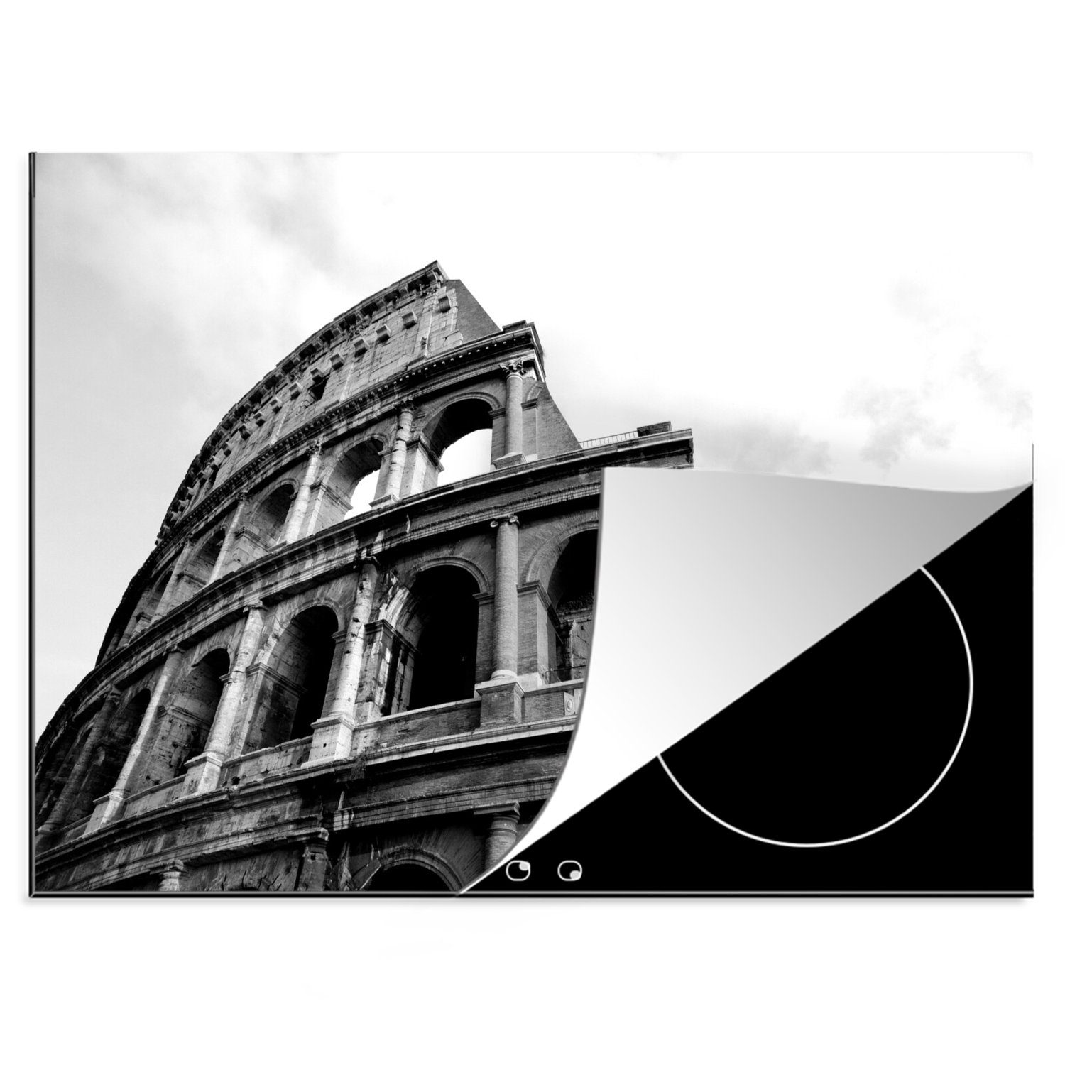 MuchoWow Herdblende-/Abdeckplatte Ansicht des Kolosseums in Rom von unten - schwarz-weiß, Vinyl, (1 tlg), 70x52 cm, Mobile Arbeitsfläche nutzbar, Ceranfeldabdeckung | Herdabdeckplatten
