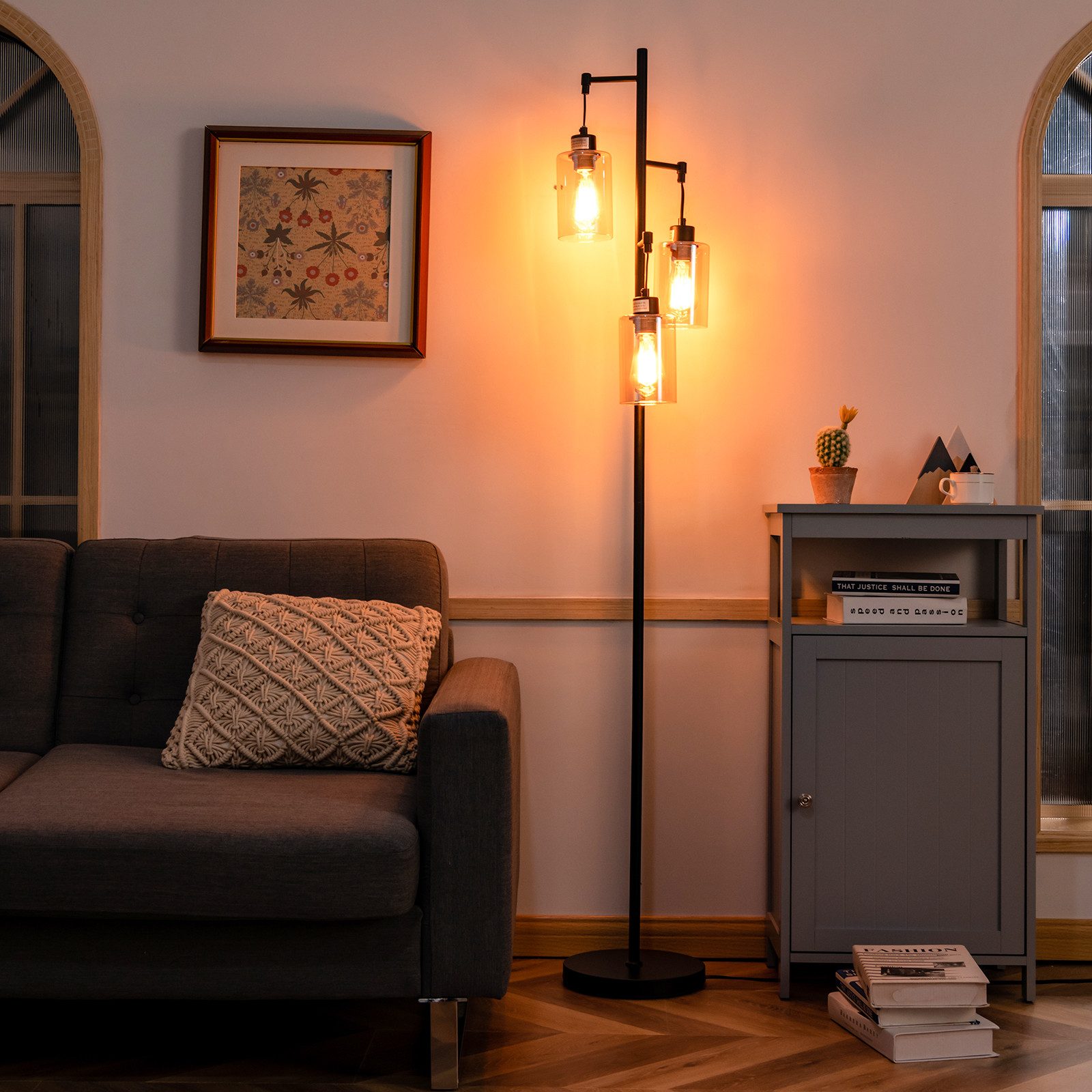 COSTWAY Stehlampe, 164cm mit 3 hängenden Braunglasschirmen & Fußschalter