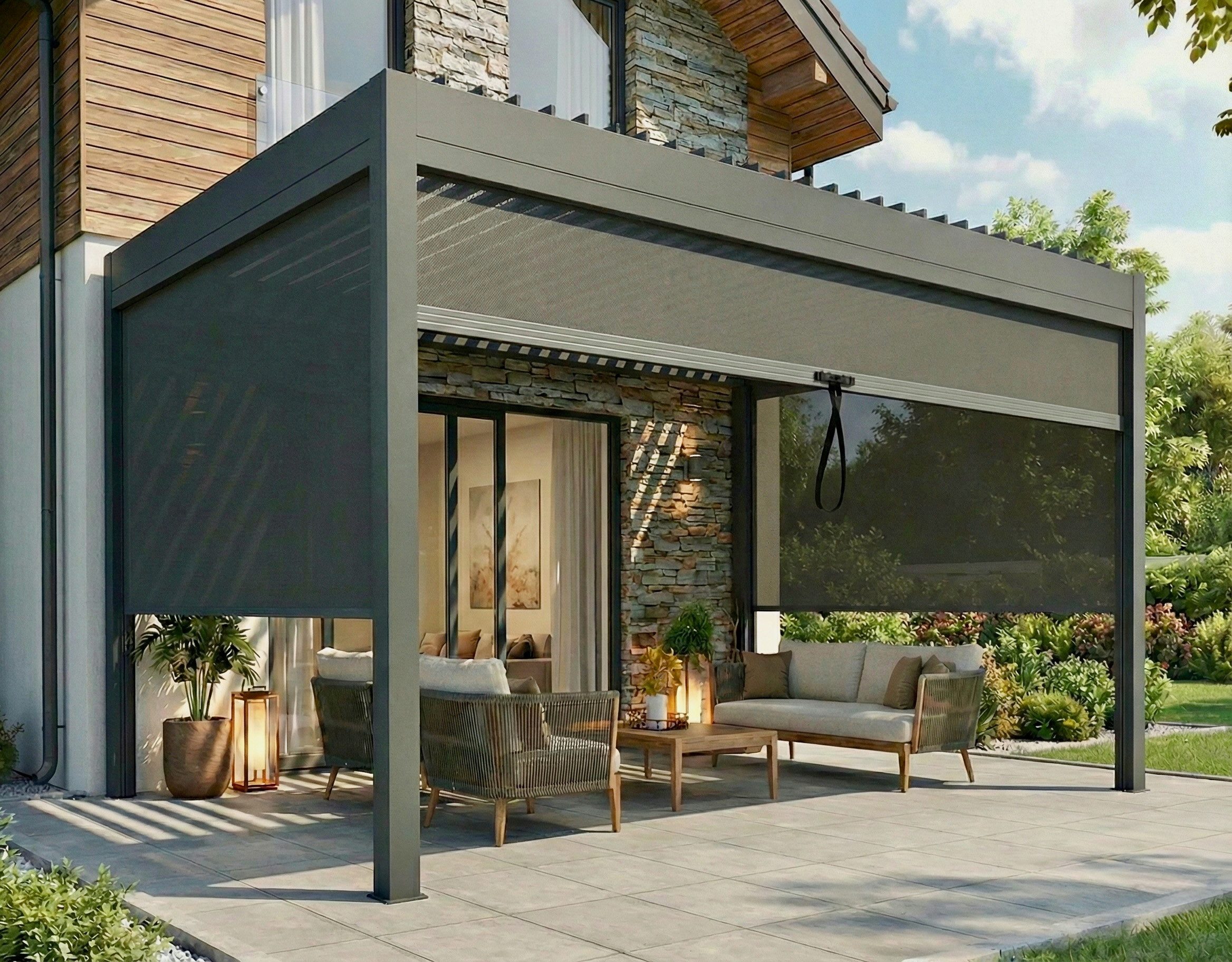 MCW Terrassendach Pergola 3x3m oder 3x4m Terassenvordach mit Rollos Lamellen anthrazit, Bedachung Lamellendach