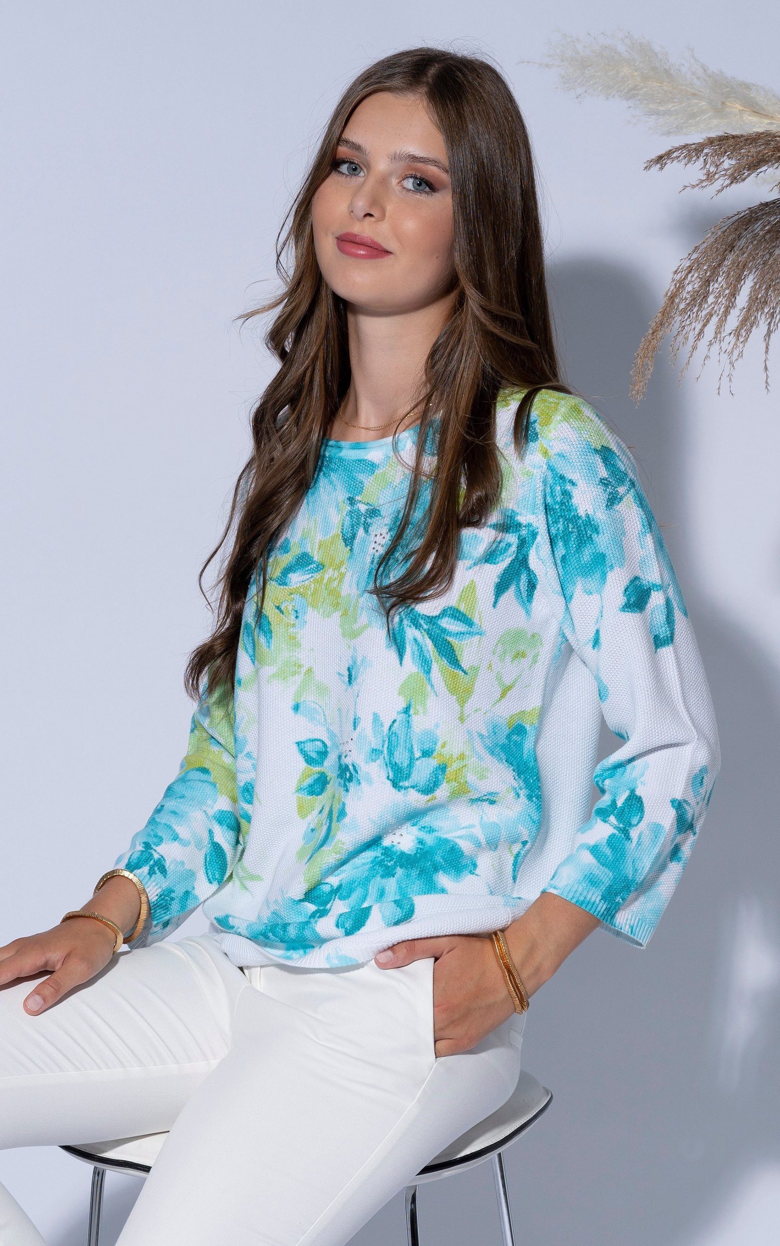 Passioni 3/4 Arm-Pullover mit floral Print Blumenprint, Rundhalsausschnitt, günstig online kaufen