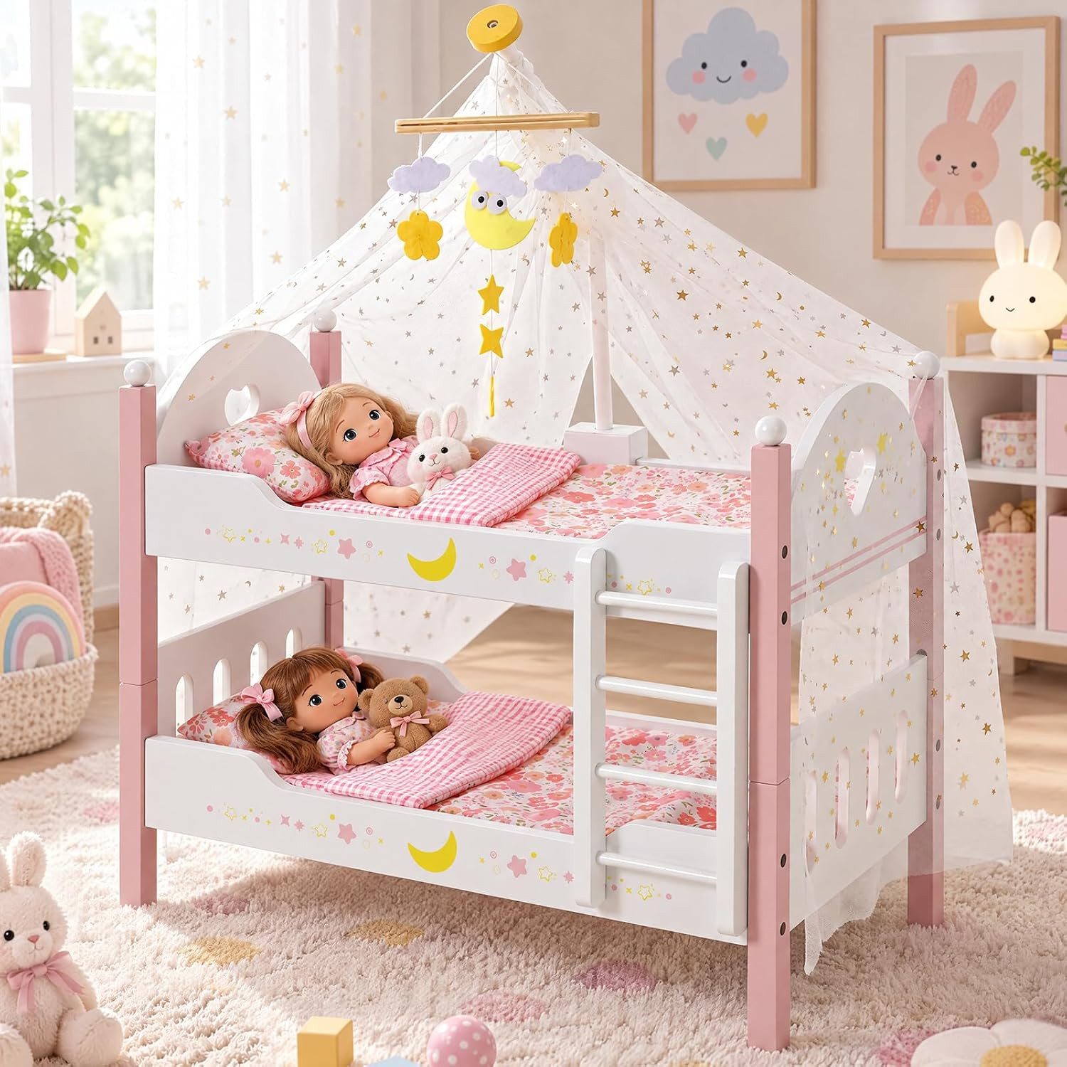 TLGREEN Puppenbett als Kinderspielzeug (stabiles Puppenmöbel für fantasievolle Rollenspiele, 55 x 30 x 46 cm), kreatives Spielzeug‑Geschenk für Kinder ab 3 Jahren im Kinderzimmer