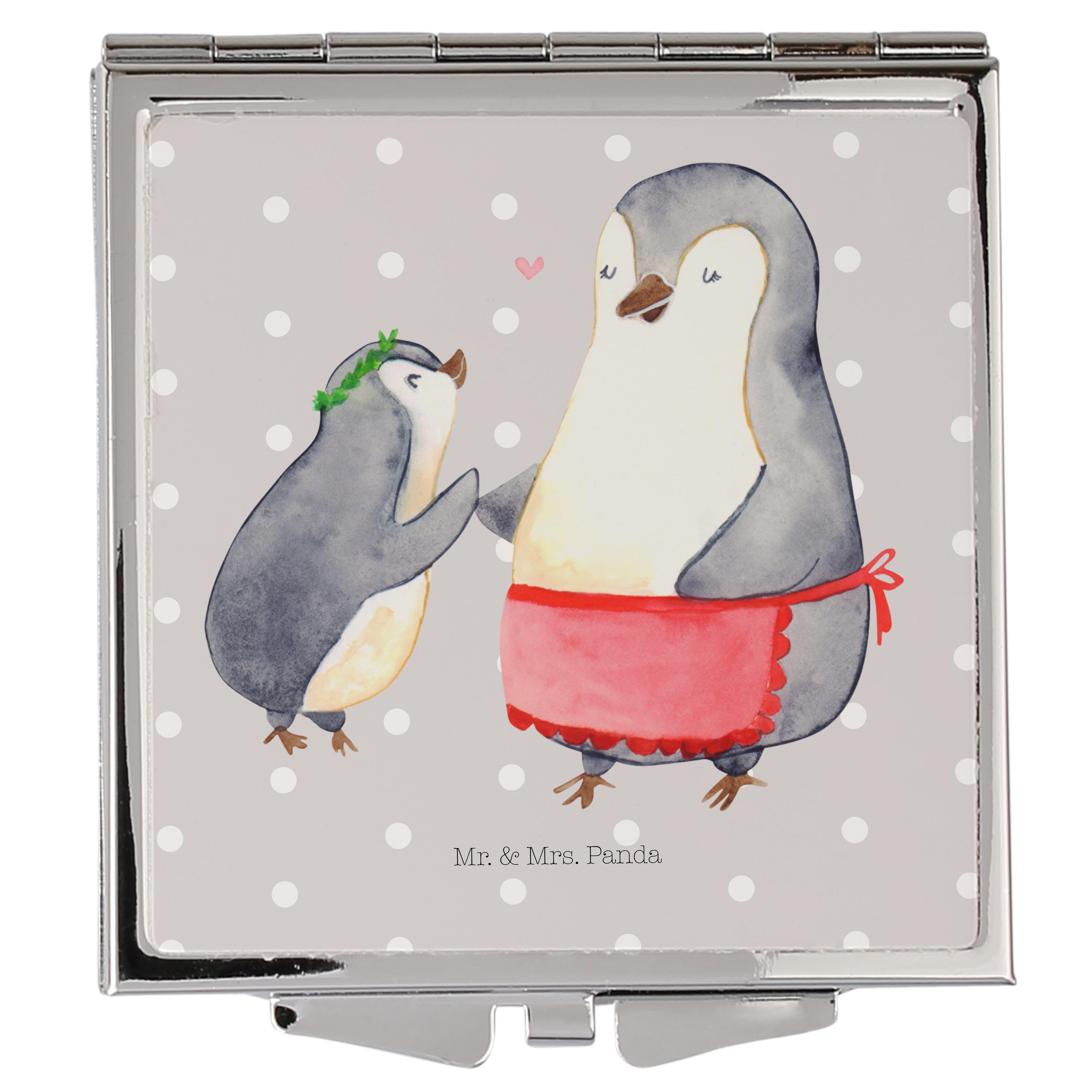 Mr. & Mrs. Panda Kosmetikspiegel Pinguin mit Kind - Grau Pastell - Geschenk, Mutter, Vorbild Mama, Da (1-St)