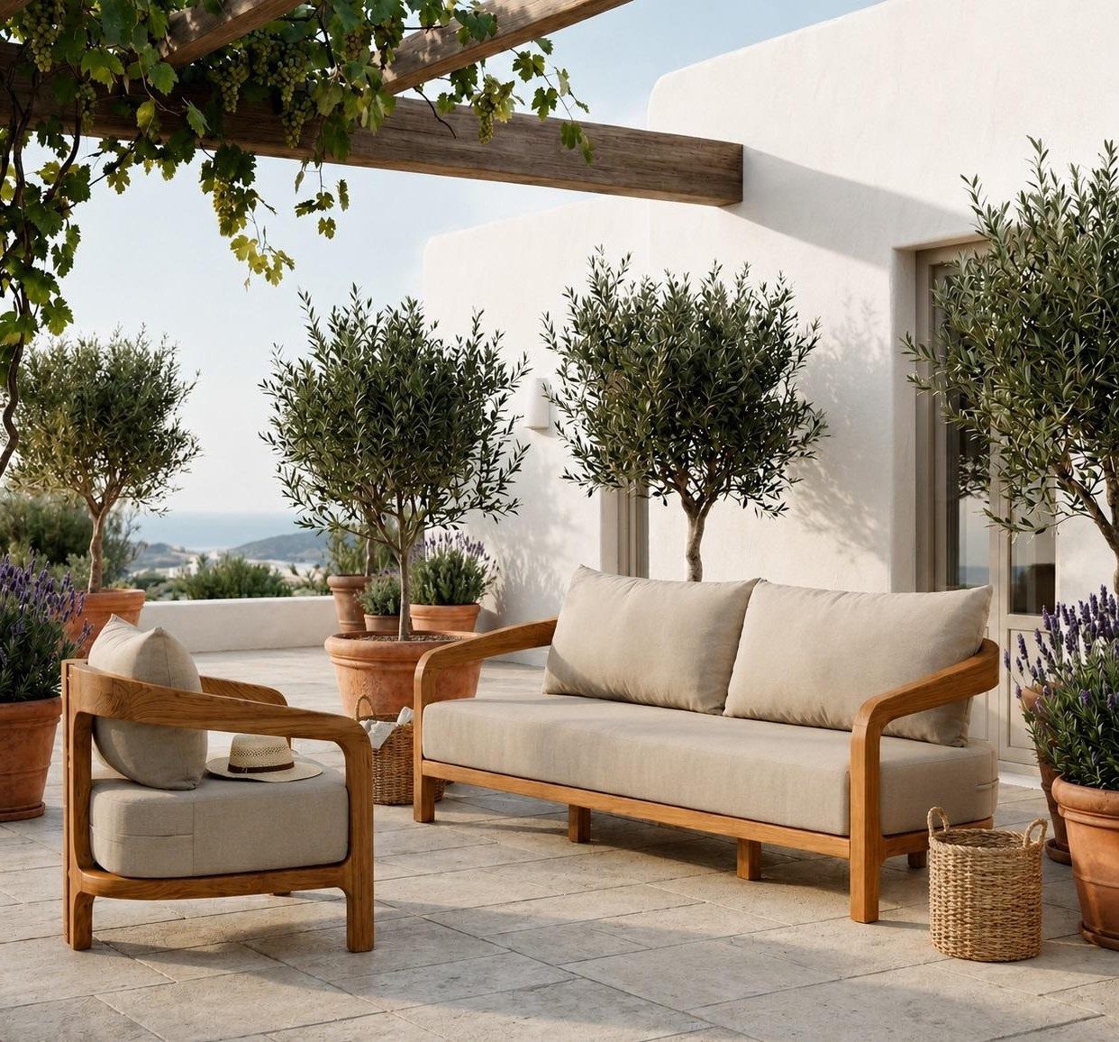 Xlmoebel Gartensofa Gartenlounge Set 3-Sitzer Sofa Sessel Beige Kissen Modern Neu, 2 Teile, Modernes Design, für Terrasse/Balkon geeignet