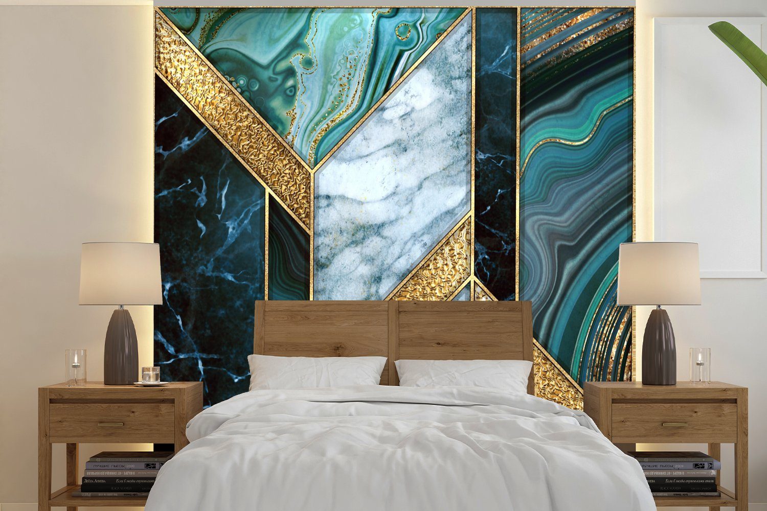 MuchoWow Fototapete Marmor - Mosaik - Gold, Matt, bedruckt, (4 St), Vliestapete für Wohnzimmer Schlafzimmer Küche, Fototapete