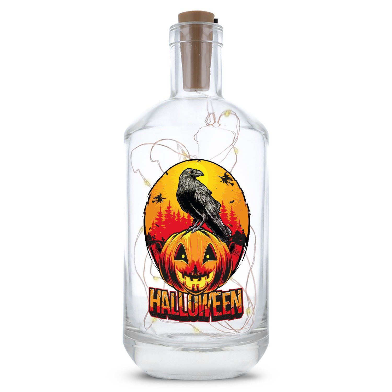 GRAVURZEILE Lichterkette Flasche mit UV-Druck im Korken am LEDs mit Halloween Schalter - Lichterkette Drahtlichterkette 20 Rabe Design