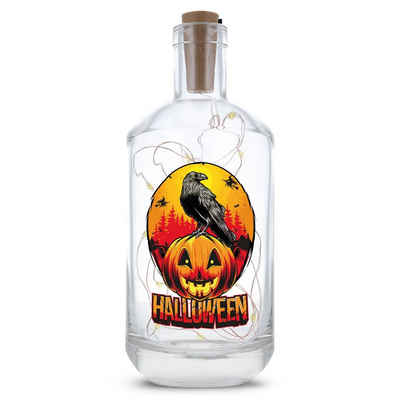GRAVURZEILE Lichterkette Flasche mit UV-Druck - im Halloween Rabe Design, 20 LEDs Lichterkette mit Schalter am Korken Drahtlichterkette
