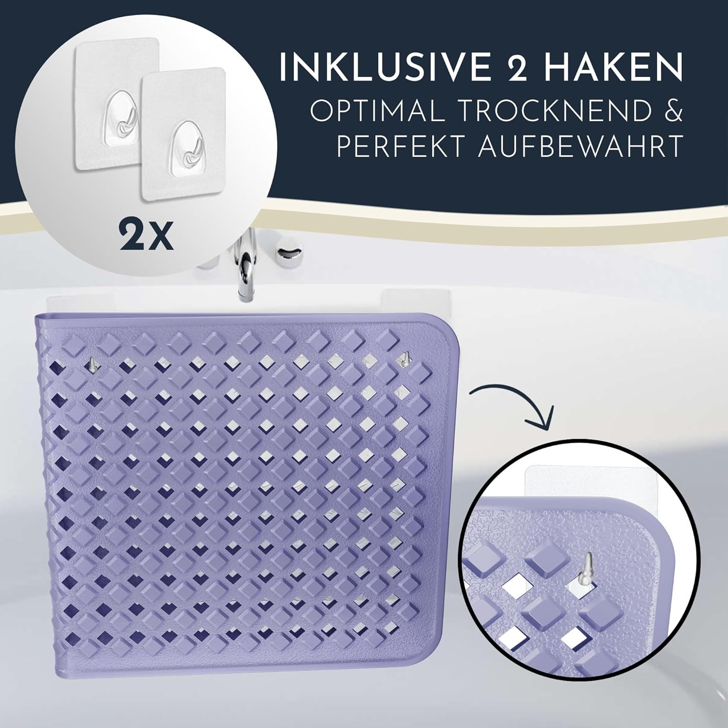 Homerella Badematte rutschfest Hautsensitiv 88x39cm, INKL. AUFHÄNGUNG, Antirutschmatte Badewanne BPA frei, Duschmatte schimmelresistent & maschinenwaschbar – Bild 3 von 5