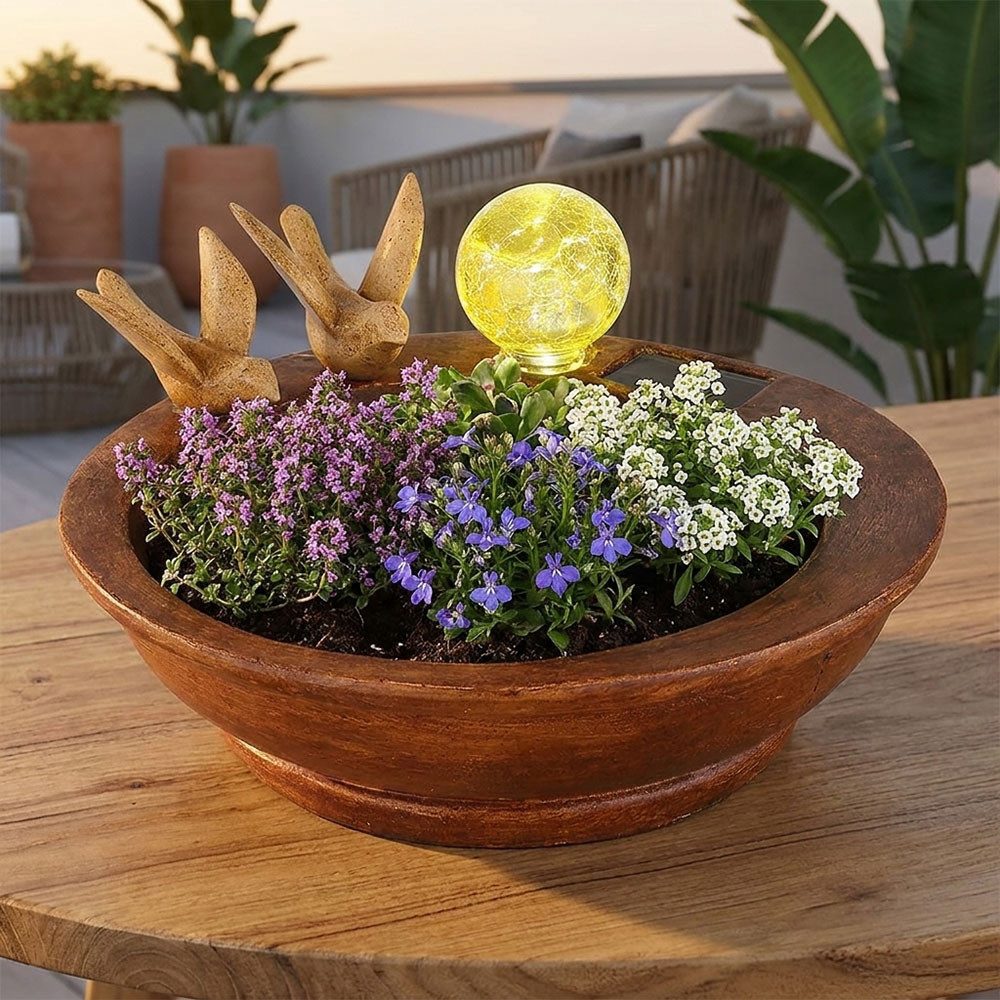 GLOBO LIGHTING LED Solarleuchte, LED-Leuchtmittel fest verbaut, Kaltweiß, LED Solarleuchte Glas braun Blumentopf Akku Pflanzschale L 26 cm