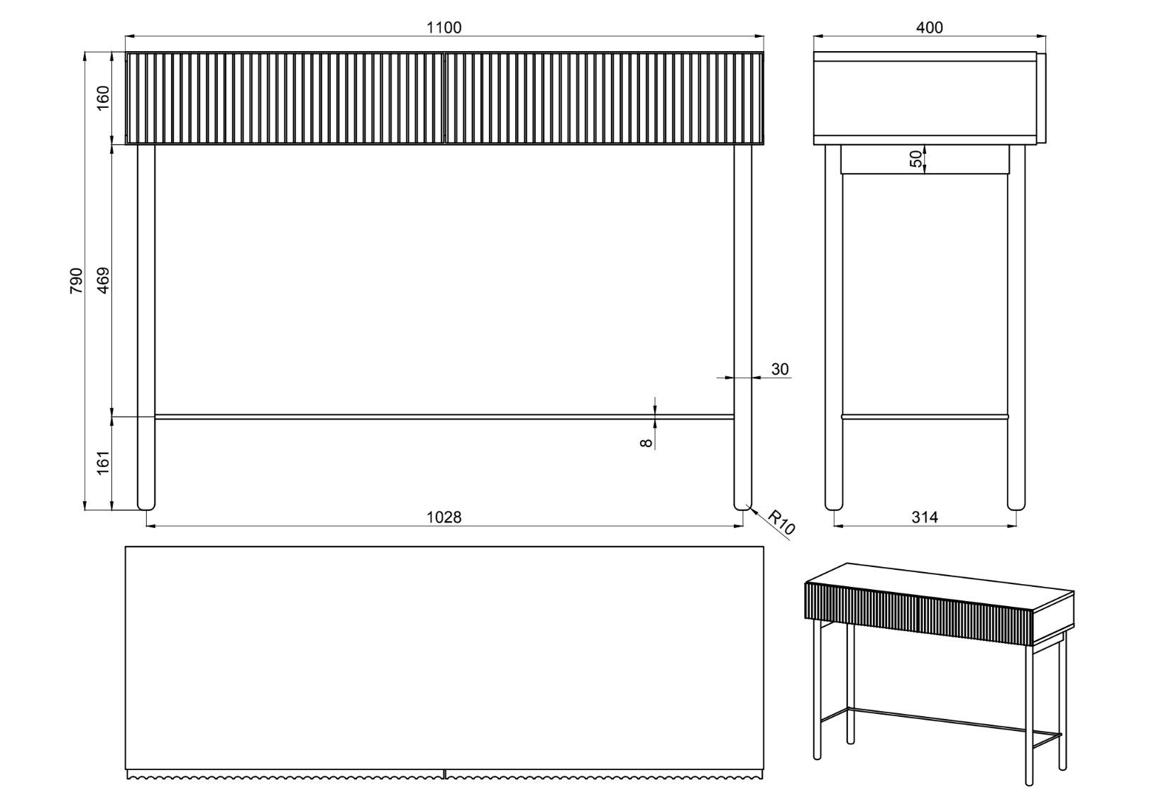Selsey Schminktisch NOLIE, mit 2 Schubladen, Holzbeinen, 110 cm breit