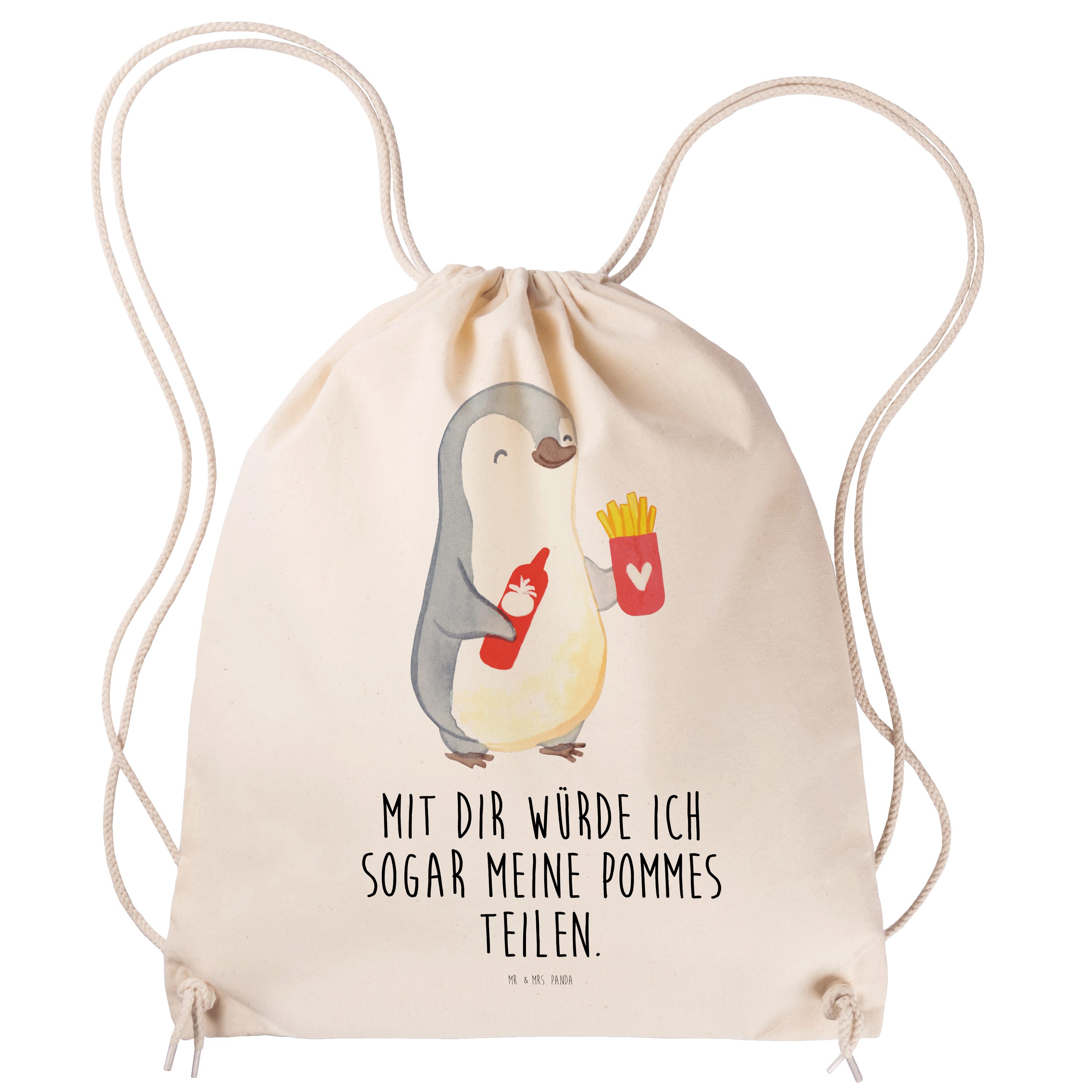 Mr. & Mrs. Panda Sporttasche Pinguin Pommes - Transparent - Geschenk, Freund, Liebesgeschenk, Spor (1-tlg) | Canvas-Taschen