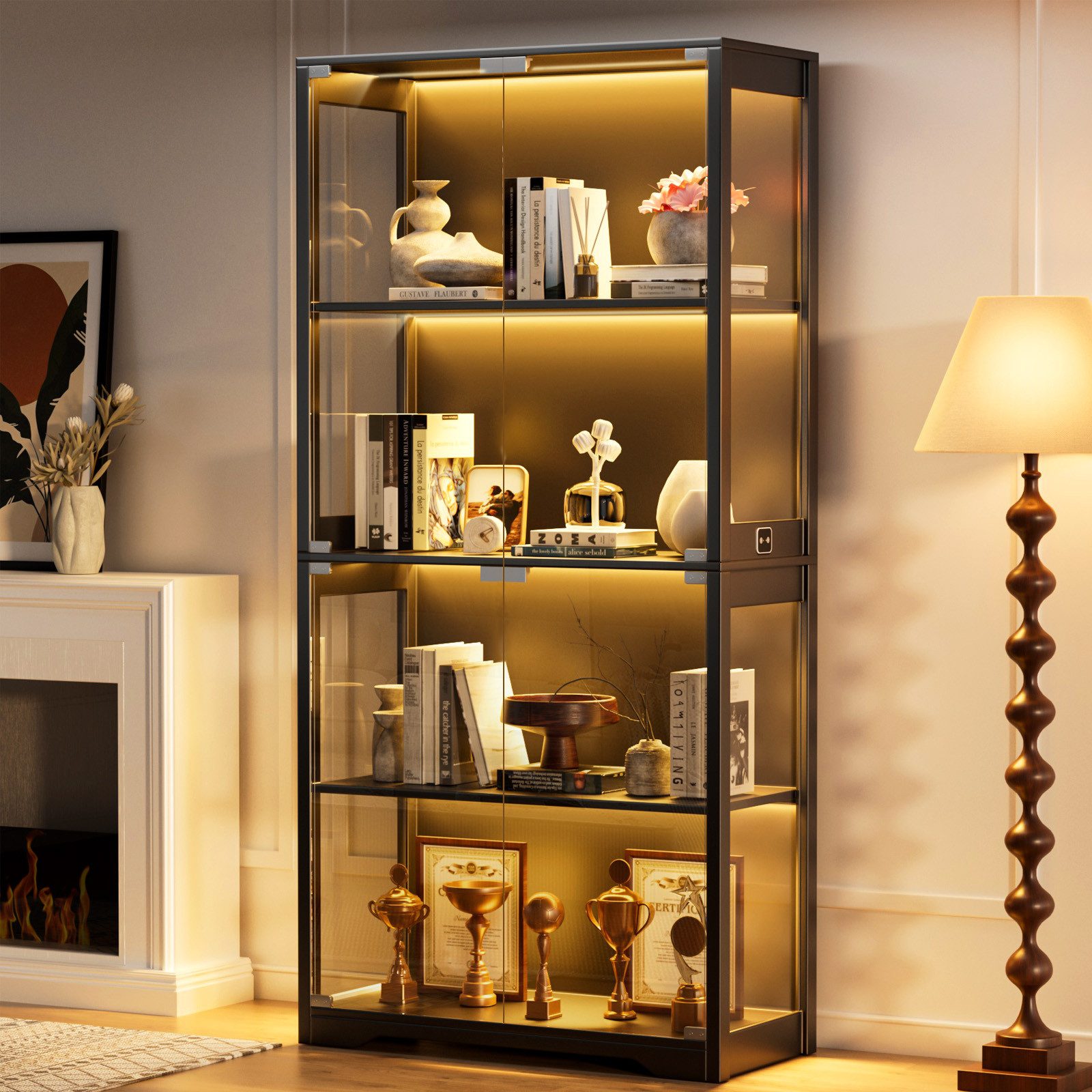 BROTTAR Glasvitrine mit Doppeltüren, LED-Beleuchtung und Bewegungssensor (1-St) mit großem Stauraum auf 4 Ebenen, 80×35×165cm