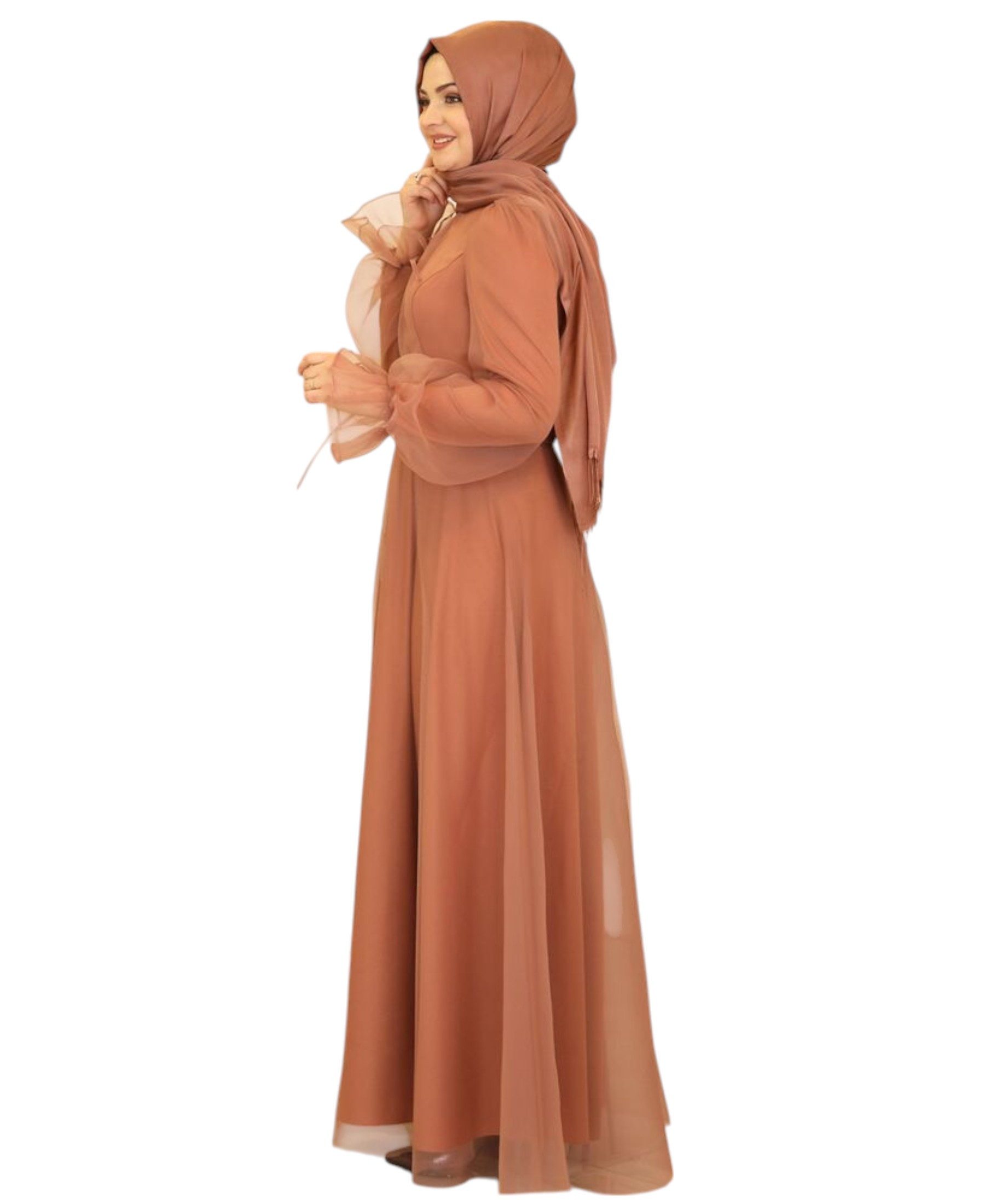 Modavitrini Abendkleid Damen Tüll Maxikleid Langarm – Festkleid mit Gürtel Modest Fashion Gürtel mit Schmucksteinen