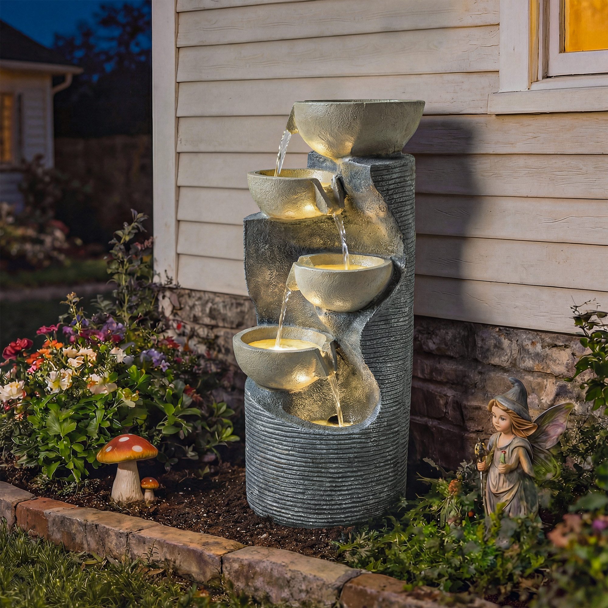 Outsunny Gartenbrunnen mit LED Beleuchtung, Pumpe, Steinoptik, 33 cm Breite, Wasserbecken BxT: 31x31 cm, (Springbrunnen, 1 tlg., Zimmerbrunnen), für Garten Rasen 33 x 31 x 80 cm