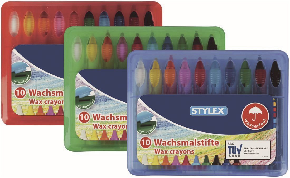 Stylex Wachsmalstift Wachsmalstiftetui - 10 Farben, wasserfest, Box sortiert