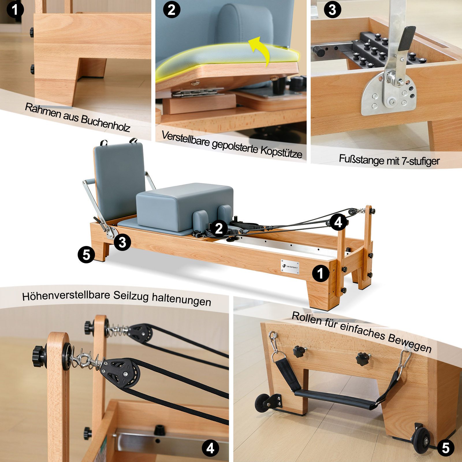 JASPORT Pilates-Reformer Hochwertige Holz-Reformer Serie für Pilates-Studios, (Komplettset mit 6 Federn, Sitzbox, Jumpboard und Fußschlaufen), Für Heimtraining und professionelle Studios geeignet