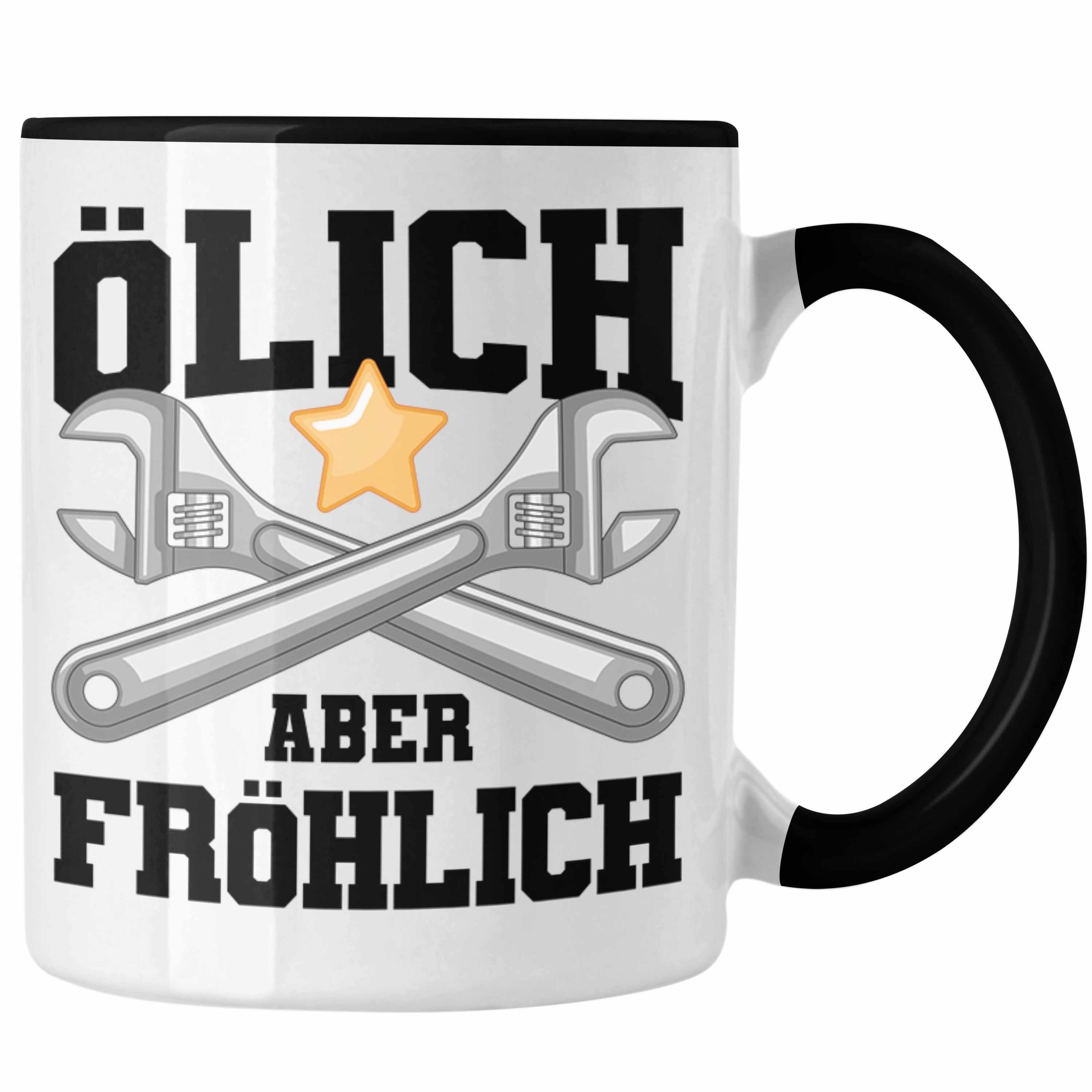 Trendation Tasse Trendation - Ölich Aber Fröhlich Tasse Geschenk KFZ Mechaniker Spruch Geschenkidee Geburtstag Männer Werkstatt Schwarz