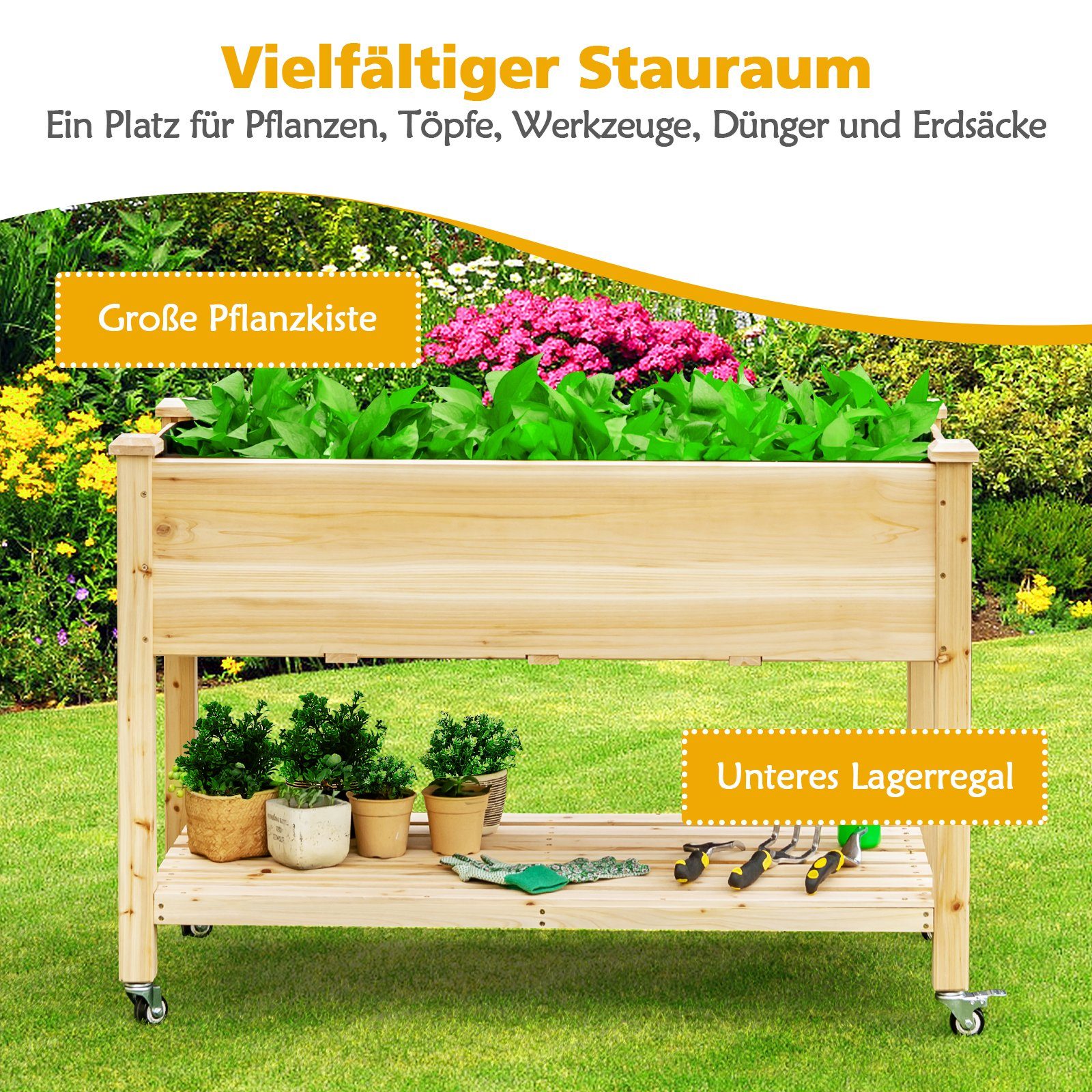 COSTWAY Hochbeet, Pflanzkasten, mit Ablage & 4 Rädern, Tannenholz, für Garten