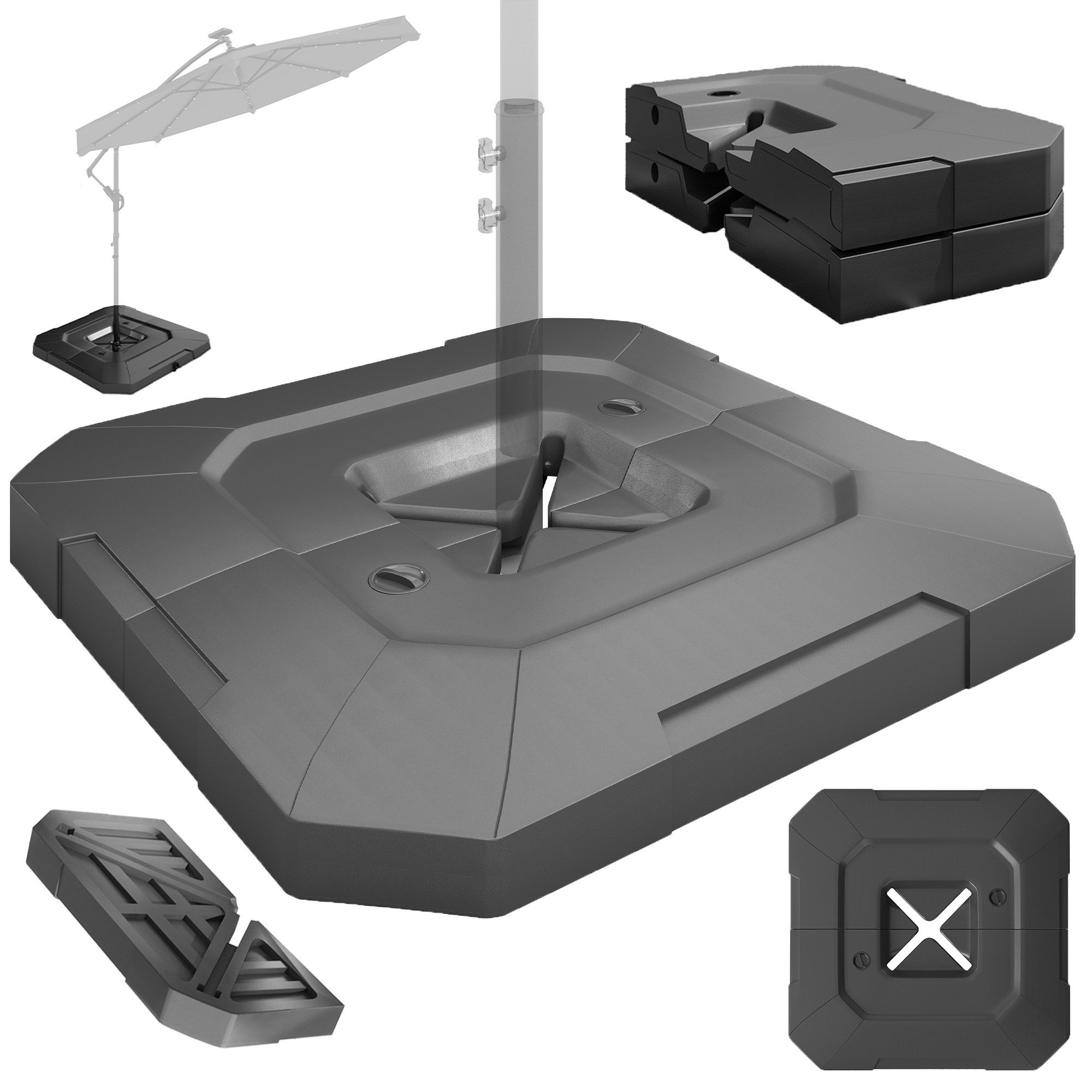 Outsunny Beschwerungsgewicht Sonnenschirmständer 2-teilig Wasserdicht Ampelschirmständer, Ampelschirme mit Kreuzfuß, (Schirmständer, 2-tlg., Sonnenschirmständer), Sonnenschirmfuß Schwarz