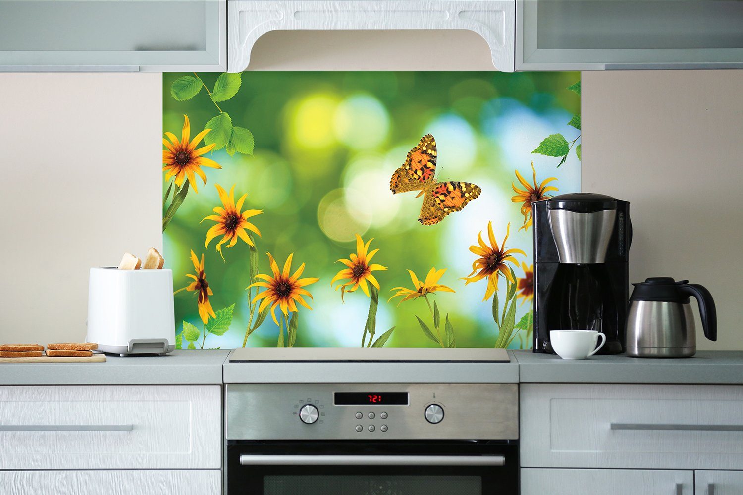 Wallario Küchenrückwand mit Schmetterling, (1-tlg) Blumen