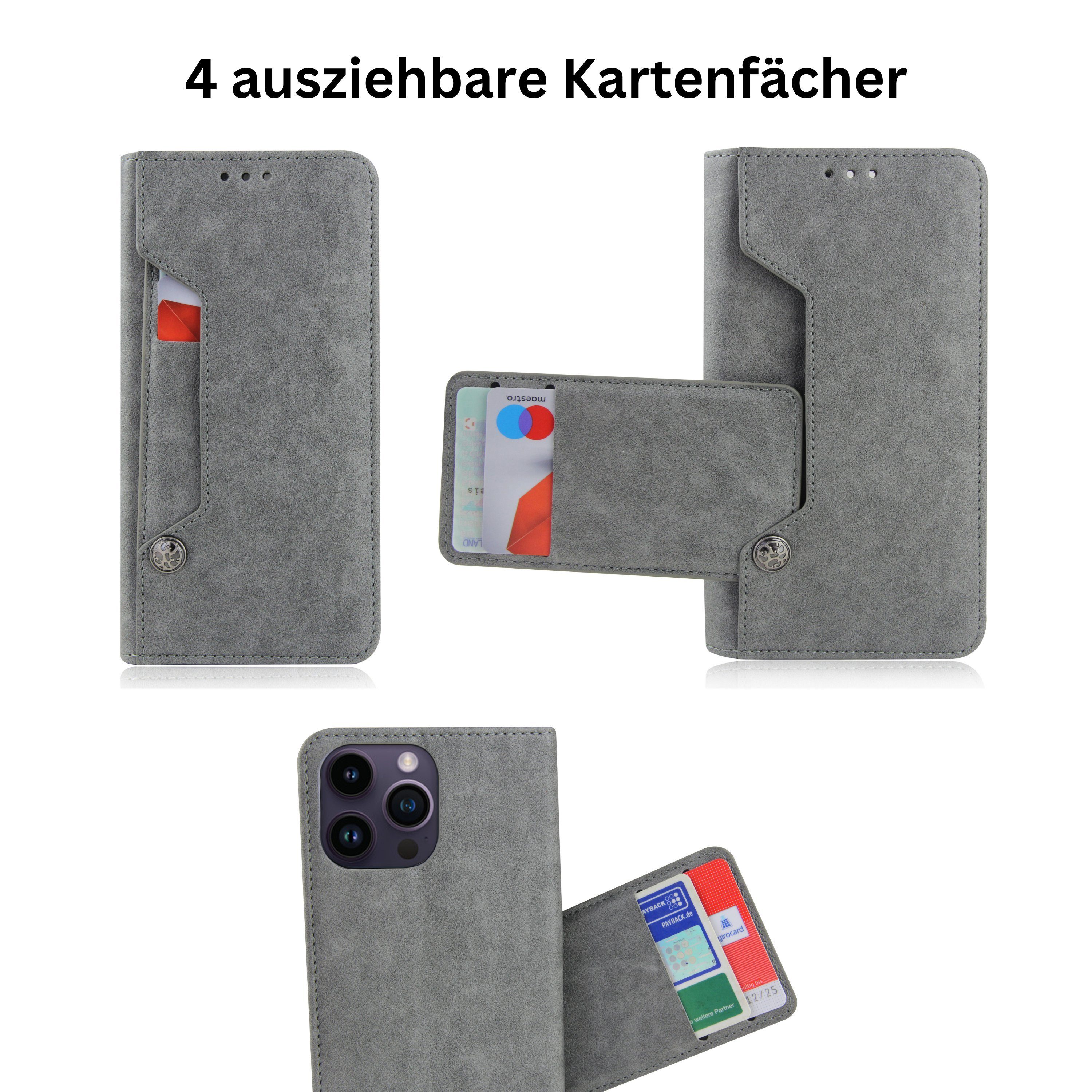Frentree Handyhülle aus echtem Leder für iPhone 12, 13, 14, Magnetverschluss mit 4 Kartenfächern & 2 Sichtfenstern, Handy-Ständer