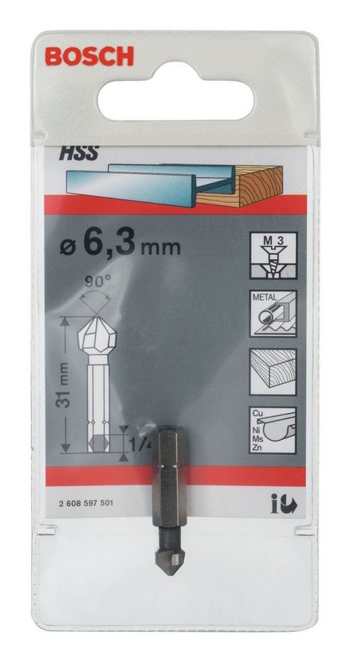 Thumbnail - BOSCH Metallbohrer, Kegelsenker M3 - 6,3 x 31 x 1/4" mm