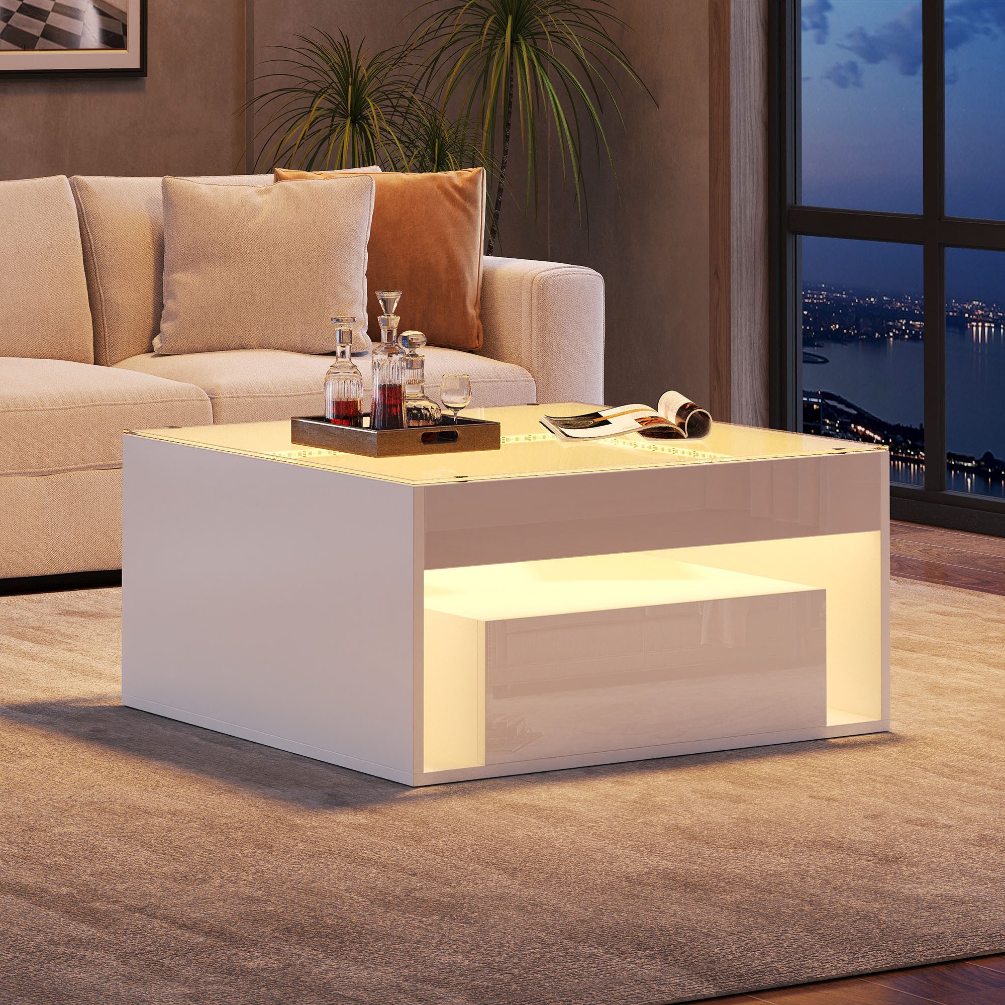 HAUSS SPOLE Couchtisch Hochglanz mit Schublade und offenem Mittelfach,Beistelltisch mit LED (Packung, 1-St., Hochglanz-kaffetisch,Wohnzimmertisch mit durchbrochenem Design), Schreibtisch und Esstisch aus gehärtetem Glas