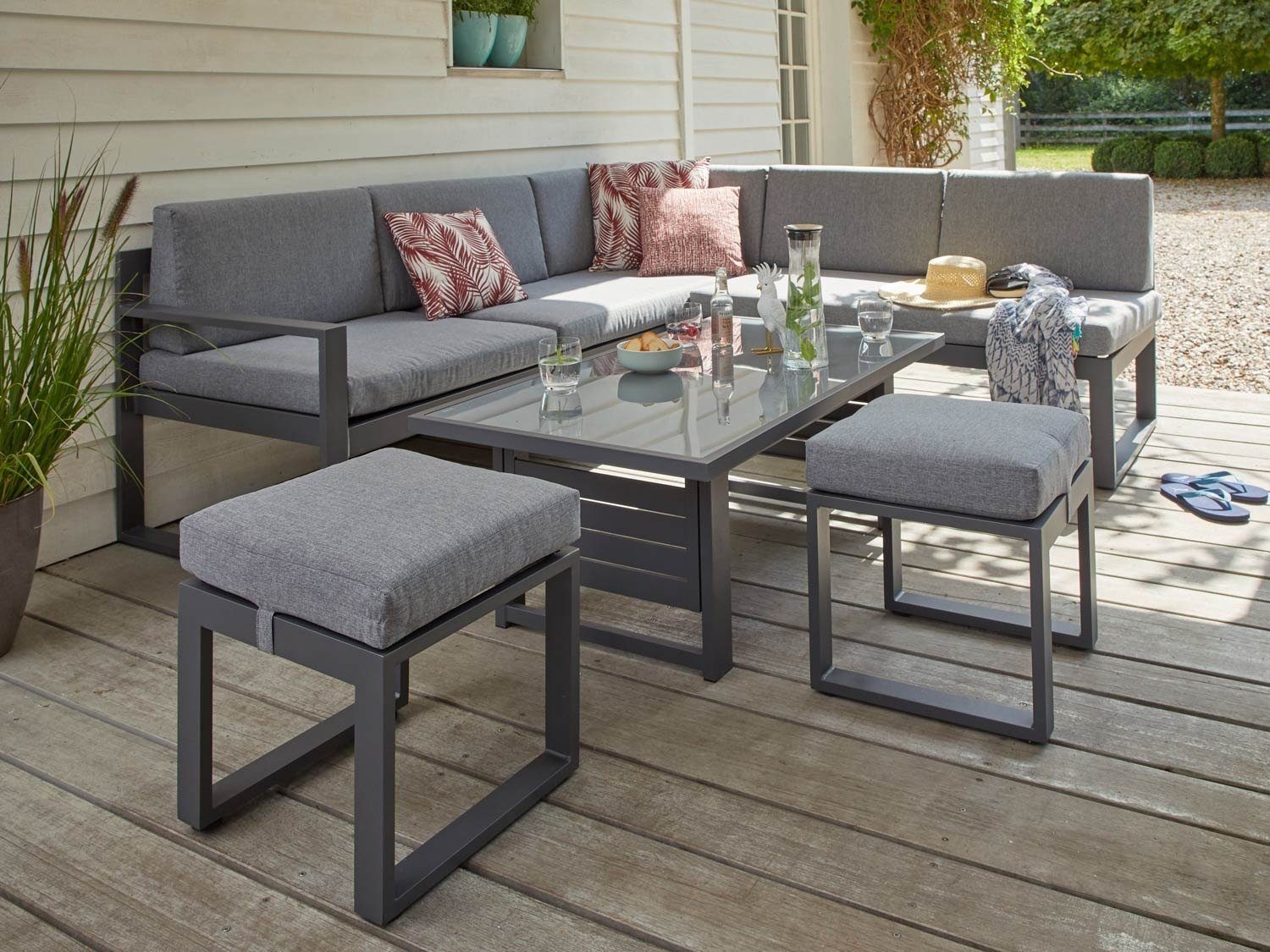 Outdoor Gartenlounge-Set LINA, mit Loungetisch & Hocker, Aluminium, Grau, (5-tlg), Anthrazit, mit Sitz- und Rückenkissen, Tischplatte aus Glas