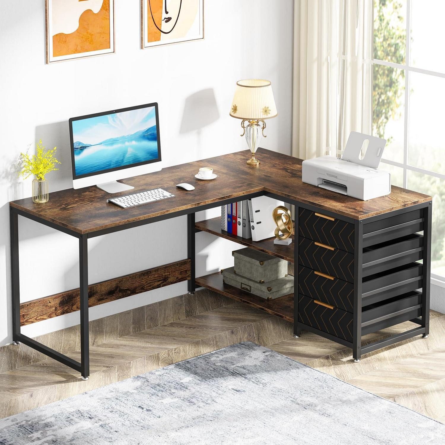 LuxusKollektion Eckschreibtisch Schreibtisch Eck L Form 4 Schubladen 2 Ablagen 150x110x75cm Braun (1-St)