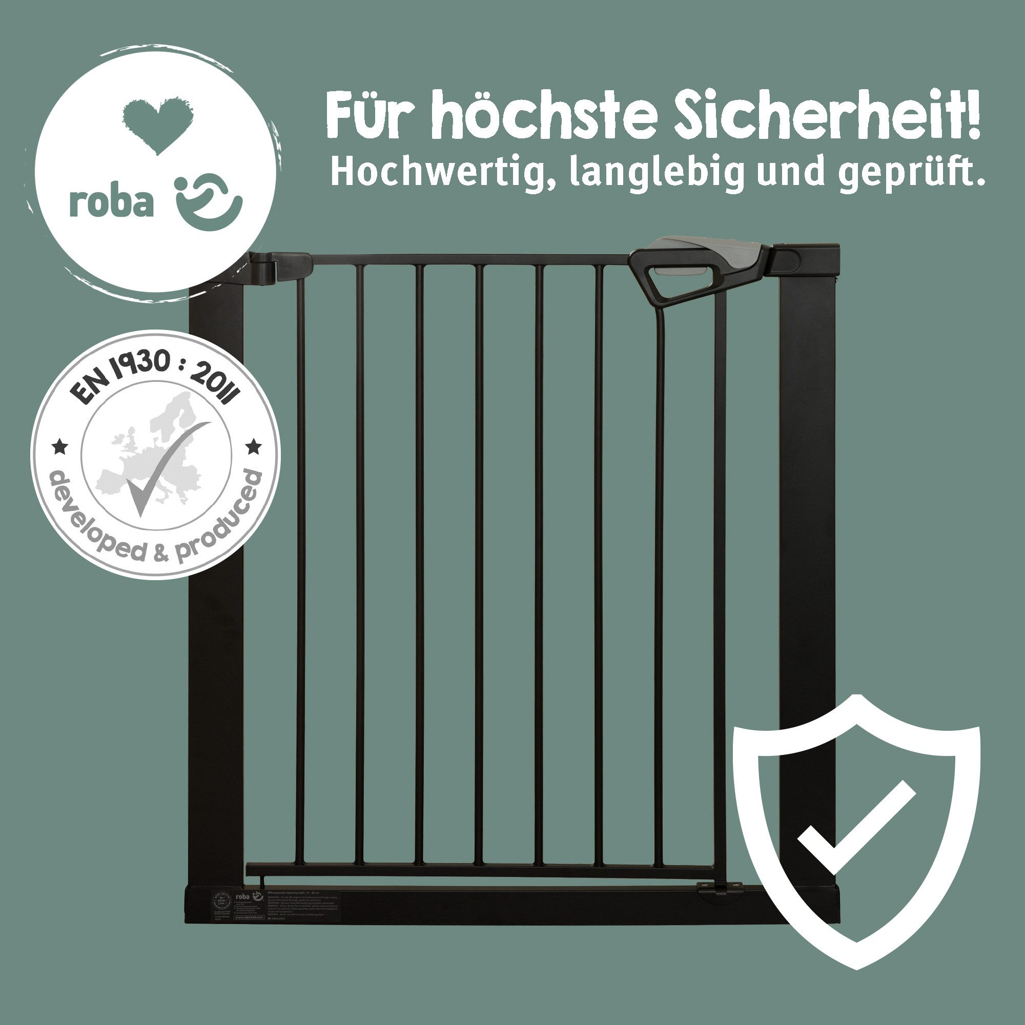 roba® Türschutzgitter easySafe+ Tür- & Treppenschutzgitter Metall - Verstellbreite 75-82 cm, TÜV-geprüft - Ampelverschluss 90°-Stopp - Bohrfrei - Von 0-24 Monaten