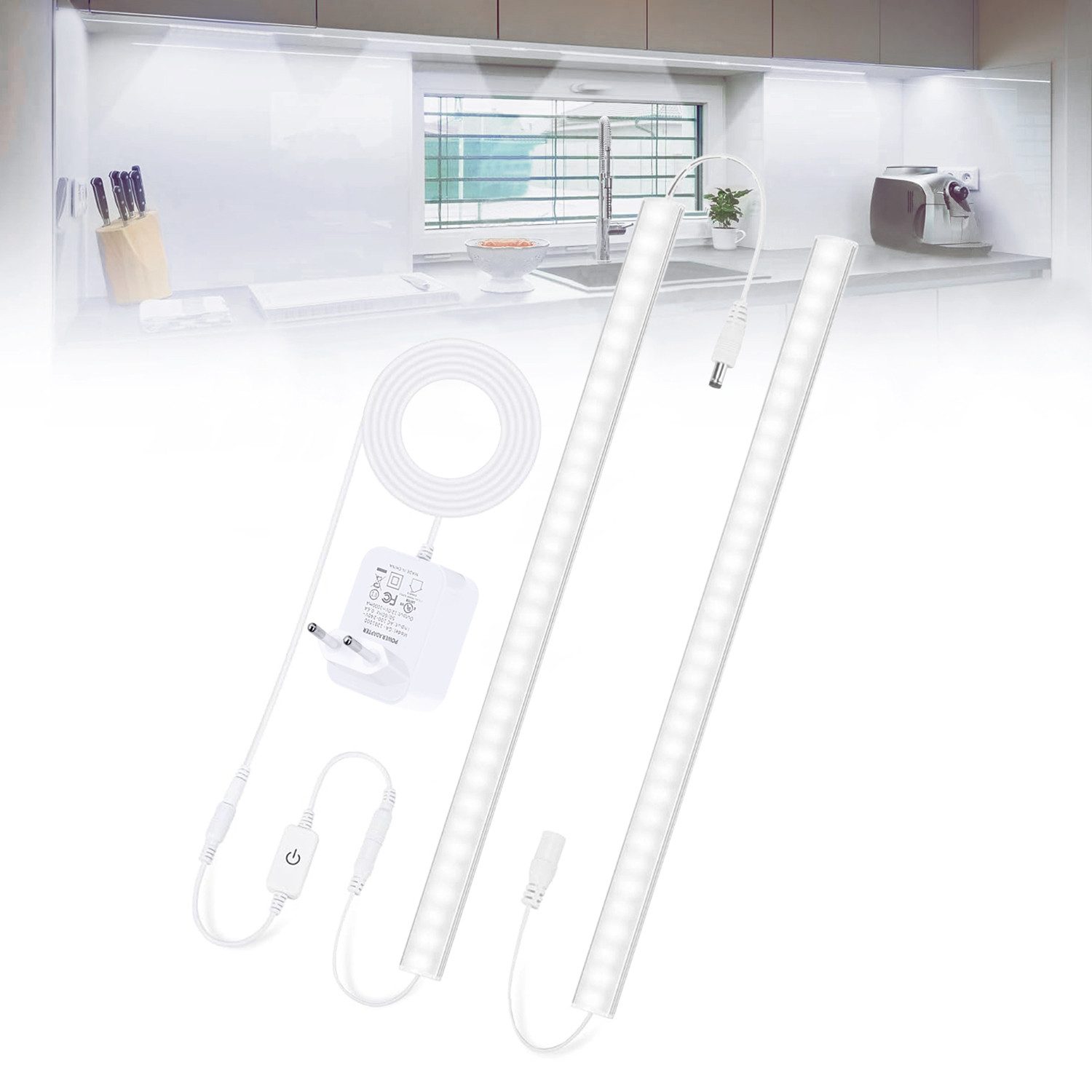 Jibenhome LED Lichtleiste LED Unterbauleuchte Ultrafein LED Светодиоднаие панели mit Dimmbar Schalter, 2 Stück, Kaltweiß, LED fest integriert, Küchenleuchte Stripes für Küche Schrank