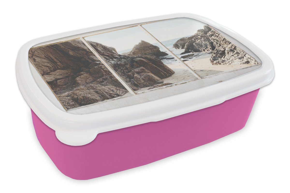 MuchoWow Lunchbox Aussicht - Strand - Meer, Kunststoff, (2-tlg), Brotbox für Erwachsene, Brotdose Kinder, Snackbox, Mädchen, Kunststoff rosa