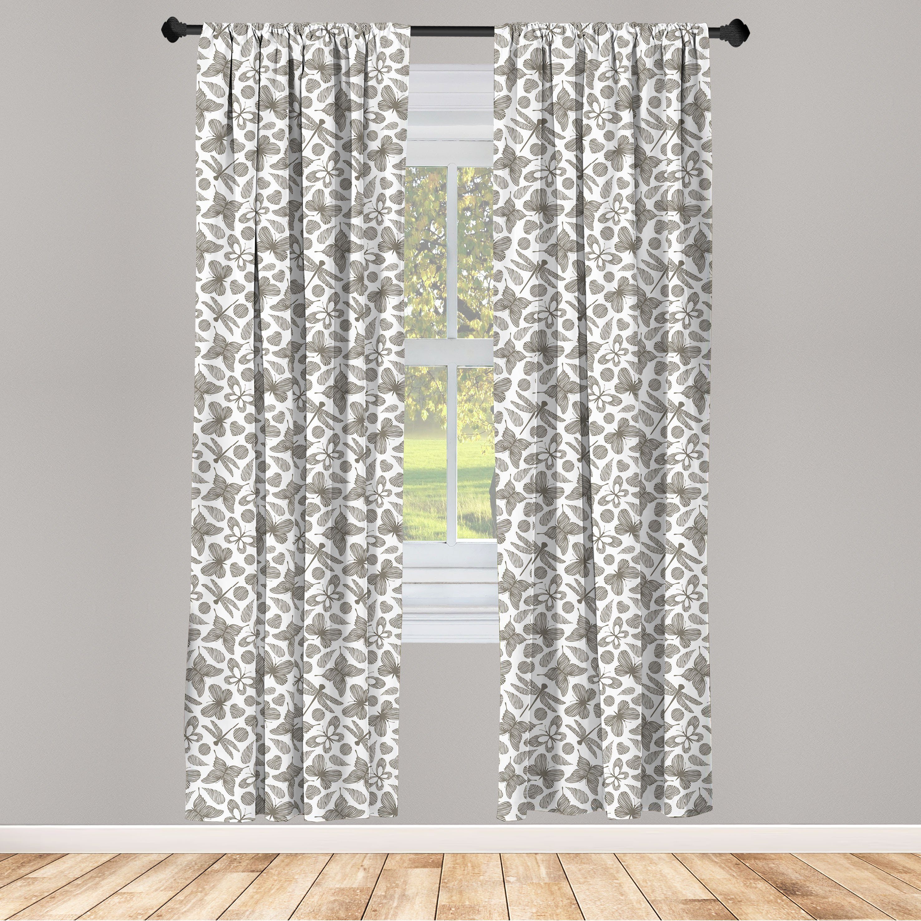 Gardine Vorhang für Wohnzimmer Schlafzimmer Dekor, Abakuhaus, Microfaser, Schmetterling Flourish Herz und Blätter
