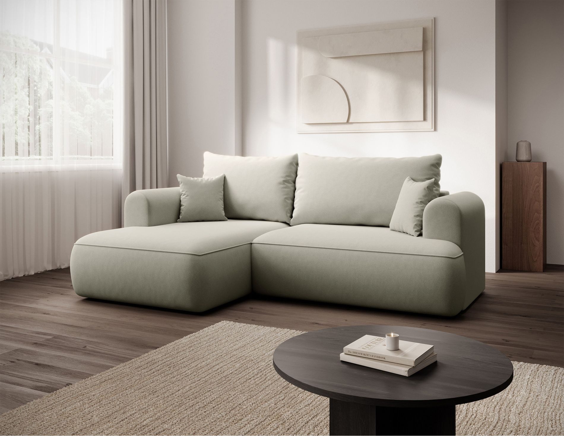 Selsey Ecksofa OVO MINI, Schlaffunktion 124x190 cm, Bettkasten, 2 Zierkissen