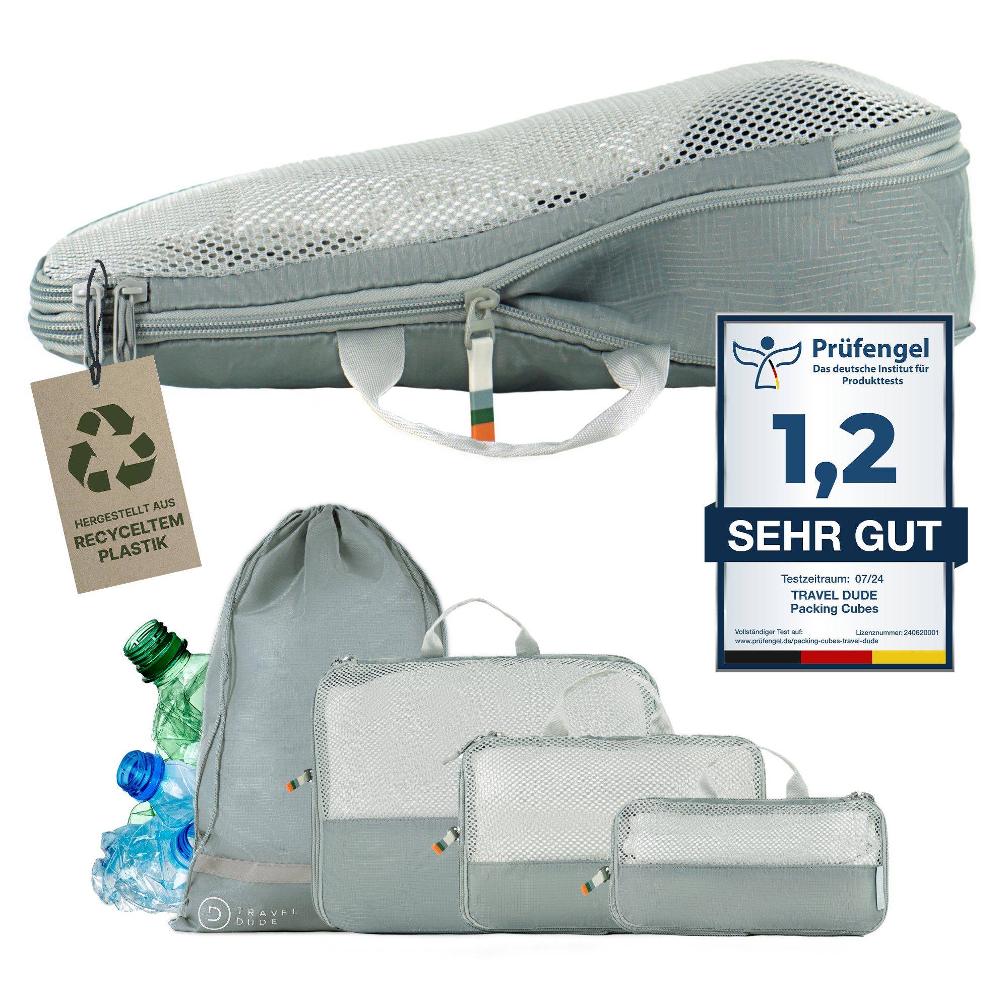 TRAVEL DUDE Kofferorganizer aus recycelten Plastikflaschen (ultraleichte Packwürfel, 4-tlg., Packing Cubes für Rucksack und Koffer, Packtaschen), mit Kompression und einem Nassfach