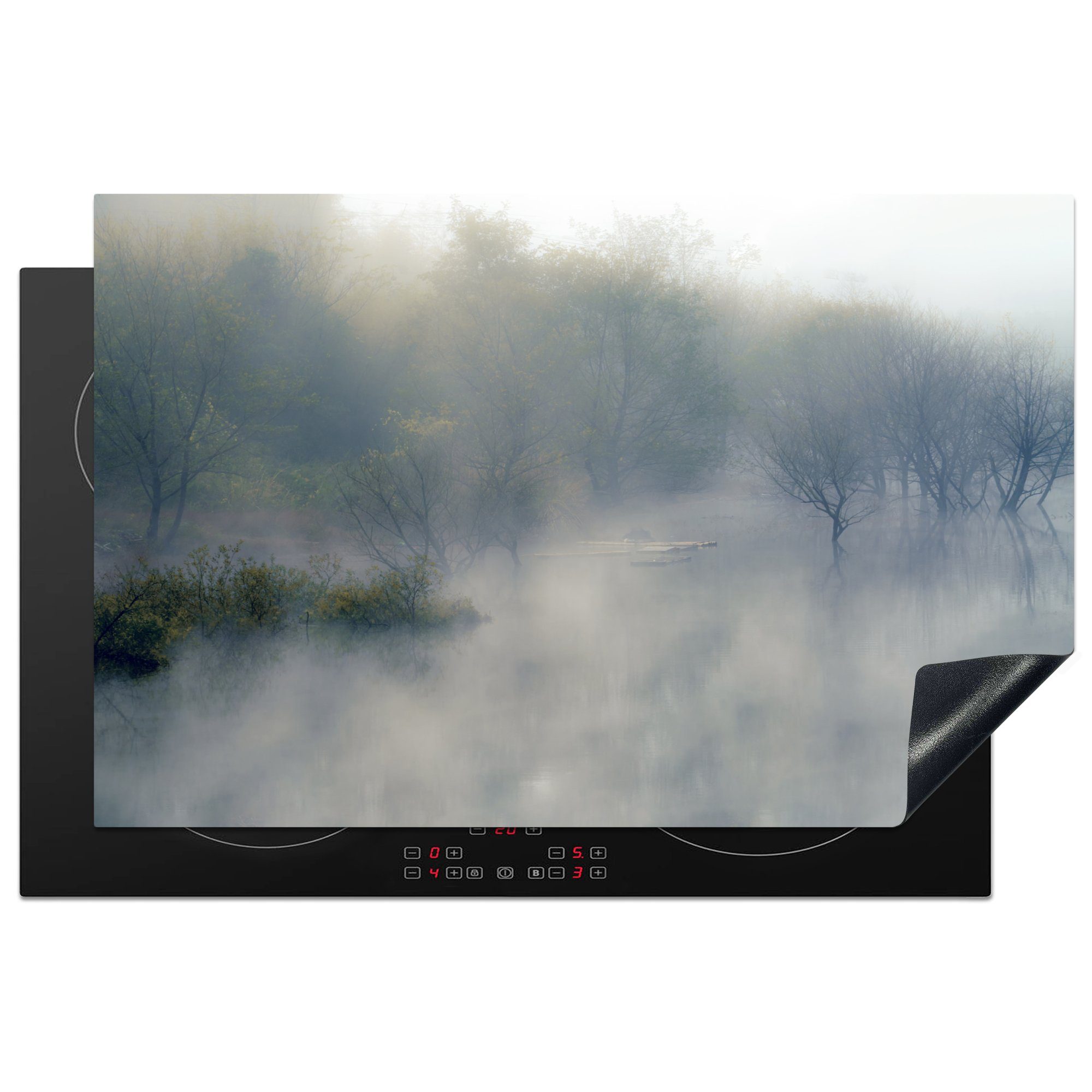MuchoWow Herdblende-/Abdeckplatte Von dichtem Nebel umgebener Redwood-Wald, Vinyl, (1 tlg), 81x52 cm, Induktionskochfeld Schutz für die küche, Ceranfeldabdeckung