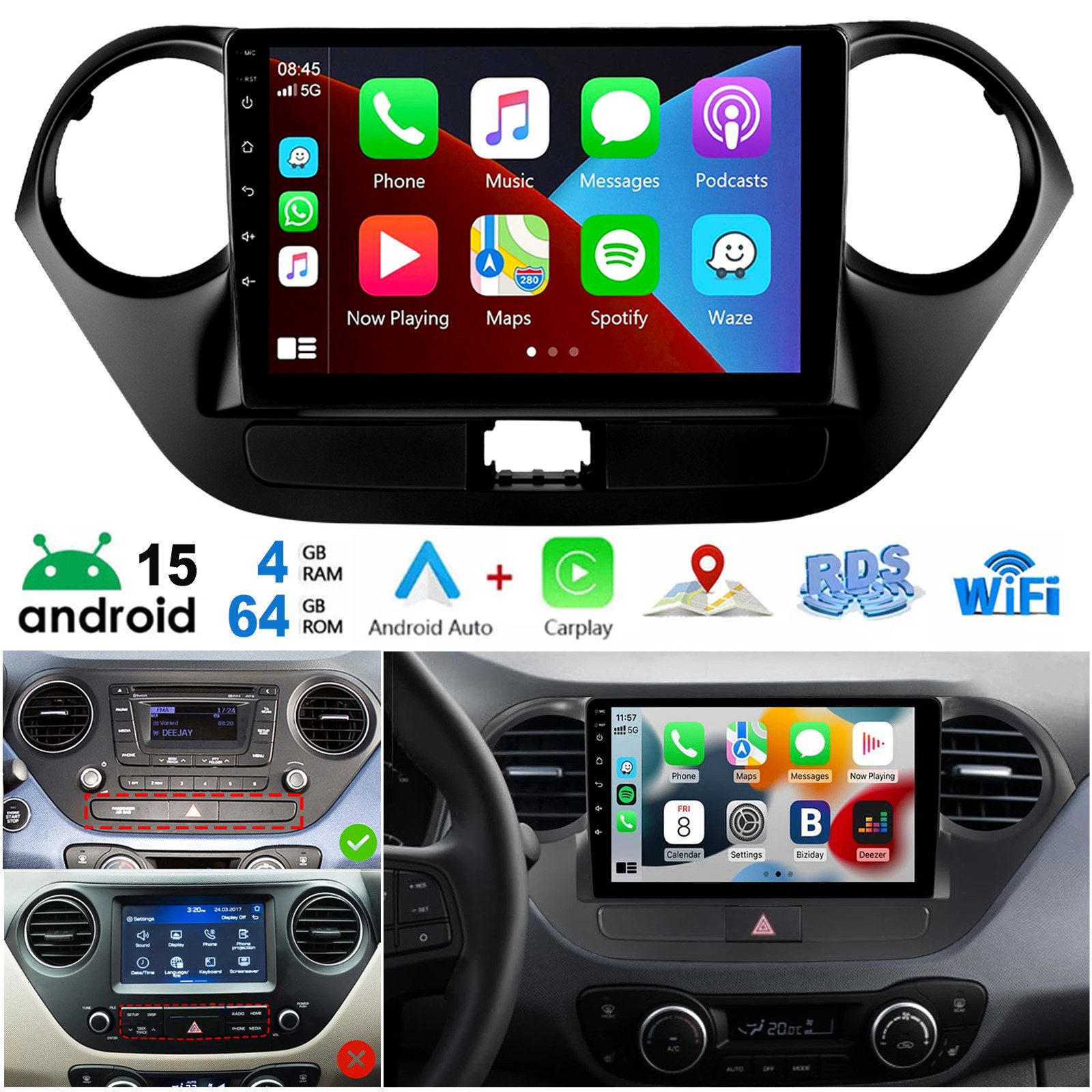 ESSGOO DAB+ 64G Android 15 Für Hyundai i10 II IA/BA 2013-16 Carplay GPS Navi Autoradio (RDS, 4+64GB(optional), FM, AM, DAB+ (optional)