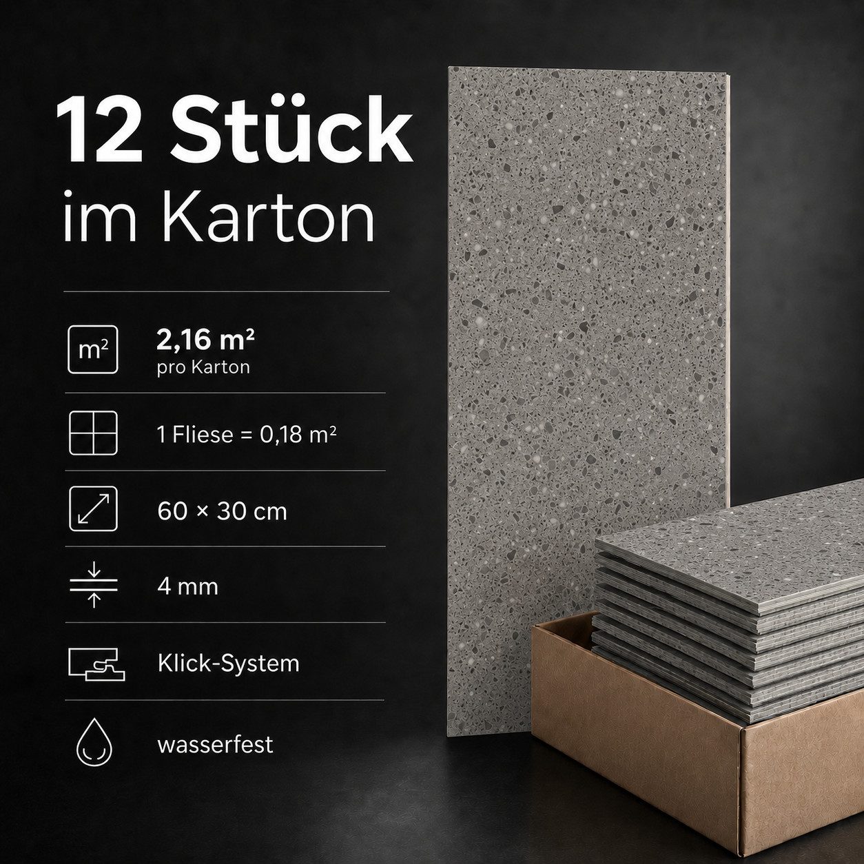 NoblesBox Designboden SPC Designboden 4 mm Klick in Fliesen-, Stein- und Holzoptik, wasserfest, antistatisch, pflegeleicht, kleberfrei, für Badezimmer